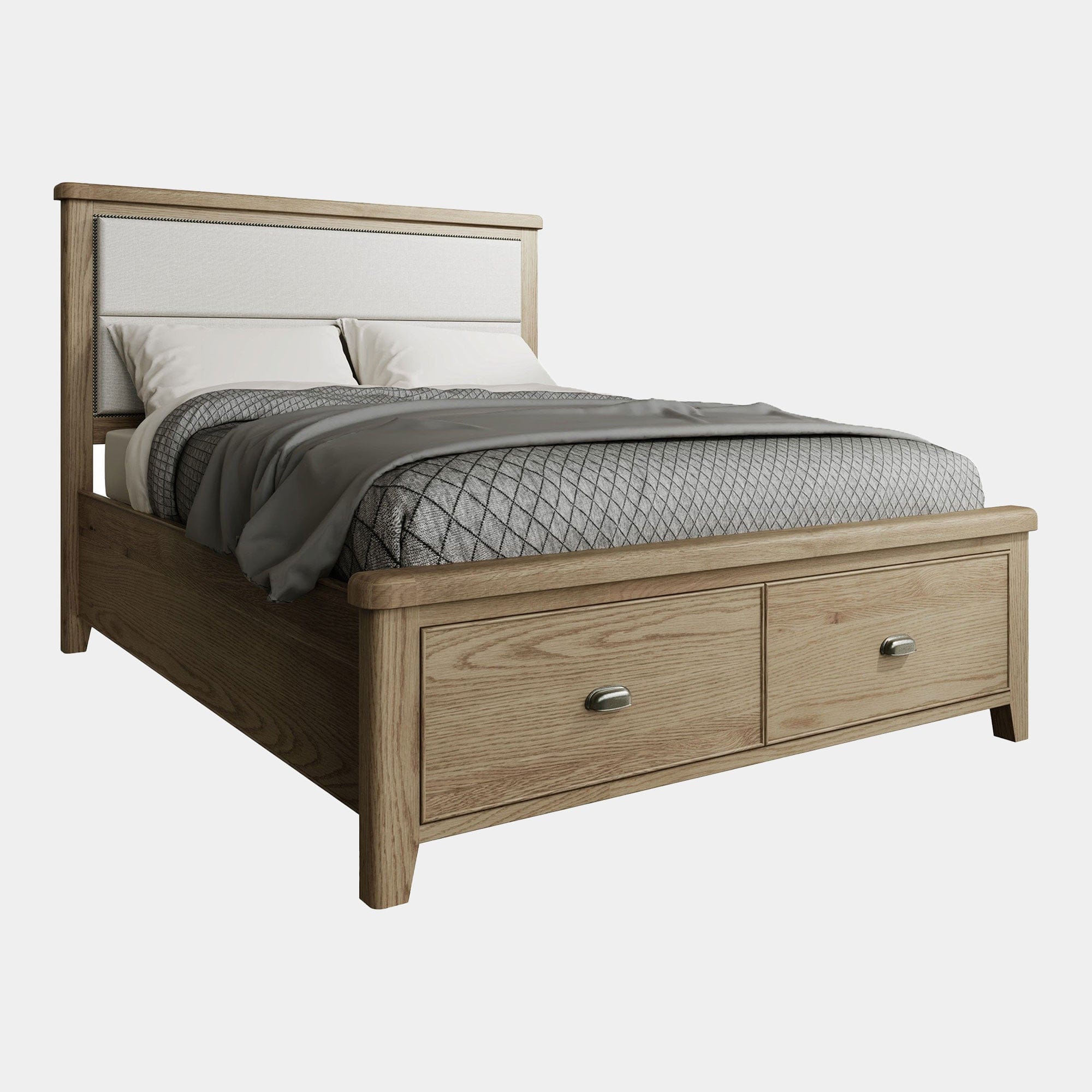 Farringdon - Bed Frame With Fabric Headboard & Footboard Drawer In Oak Finish 150cm