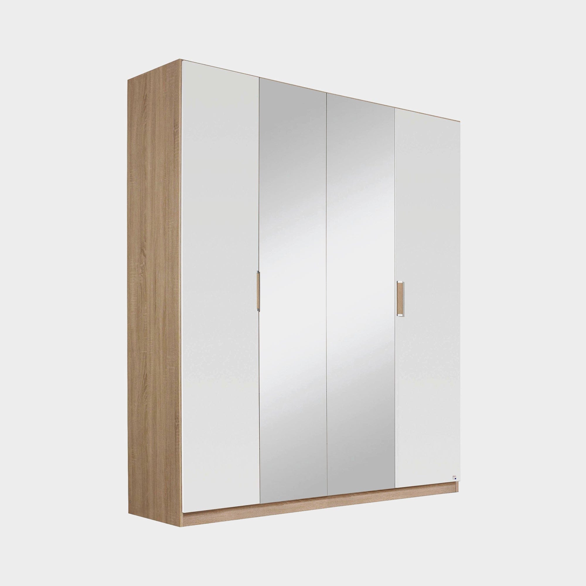 Gamma - Mirrored Wardrobe, Oak & Glass 181cm 4 Door 2 Mirror Glass With Vertical Trim