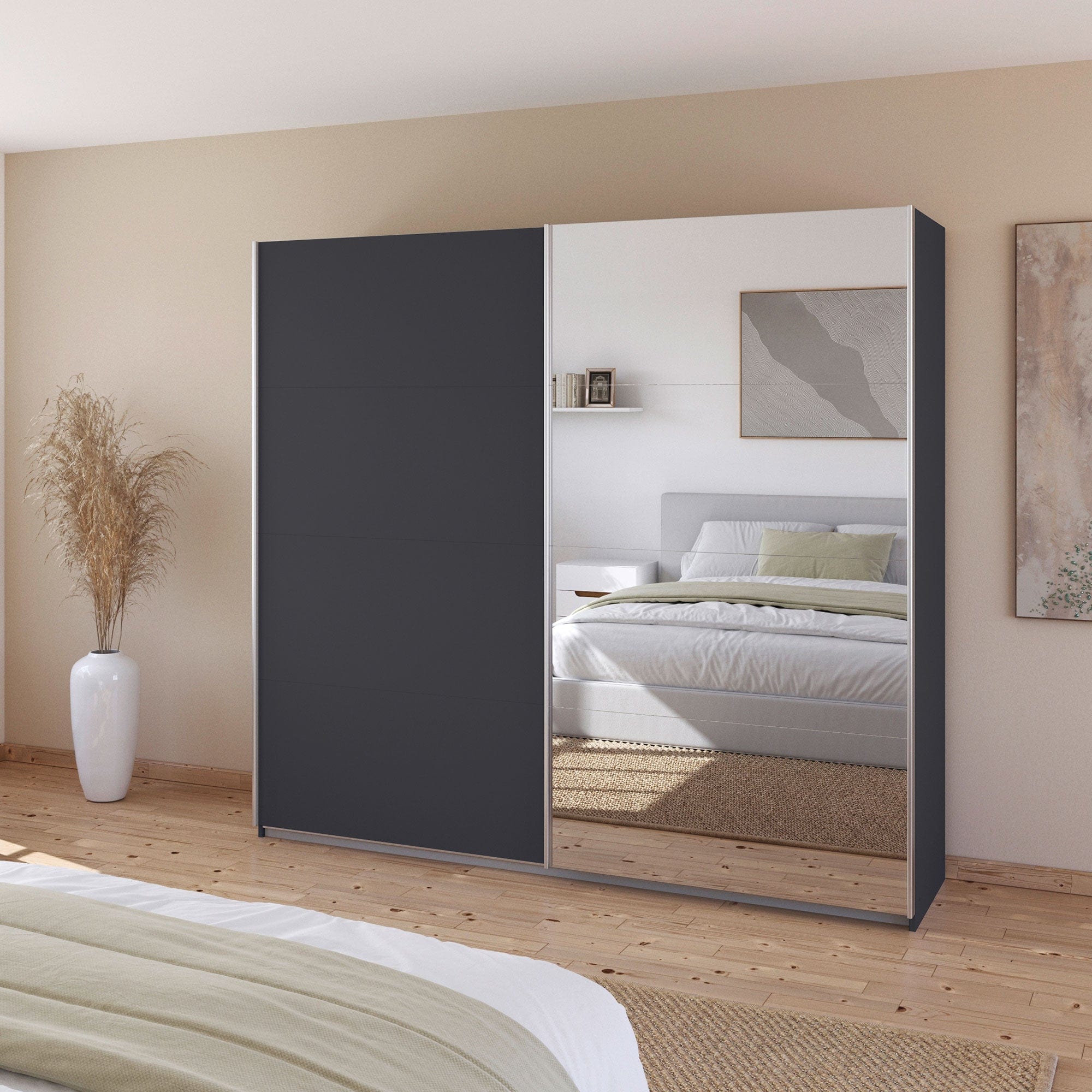 Piave - 5GS0 226cm 2 Door/ 1 Mirror Sliding Robe Glass Front in AG449 Metallic Grey/Basalt