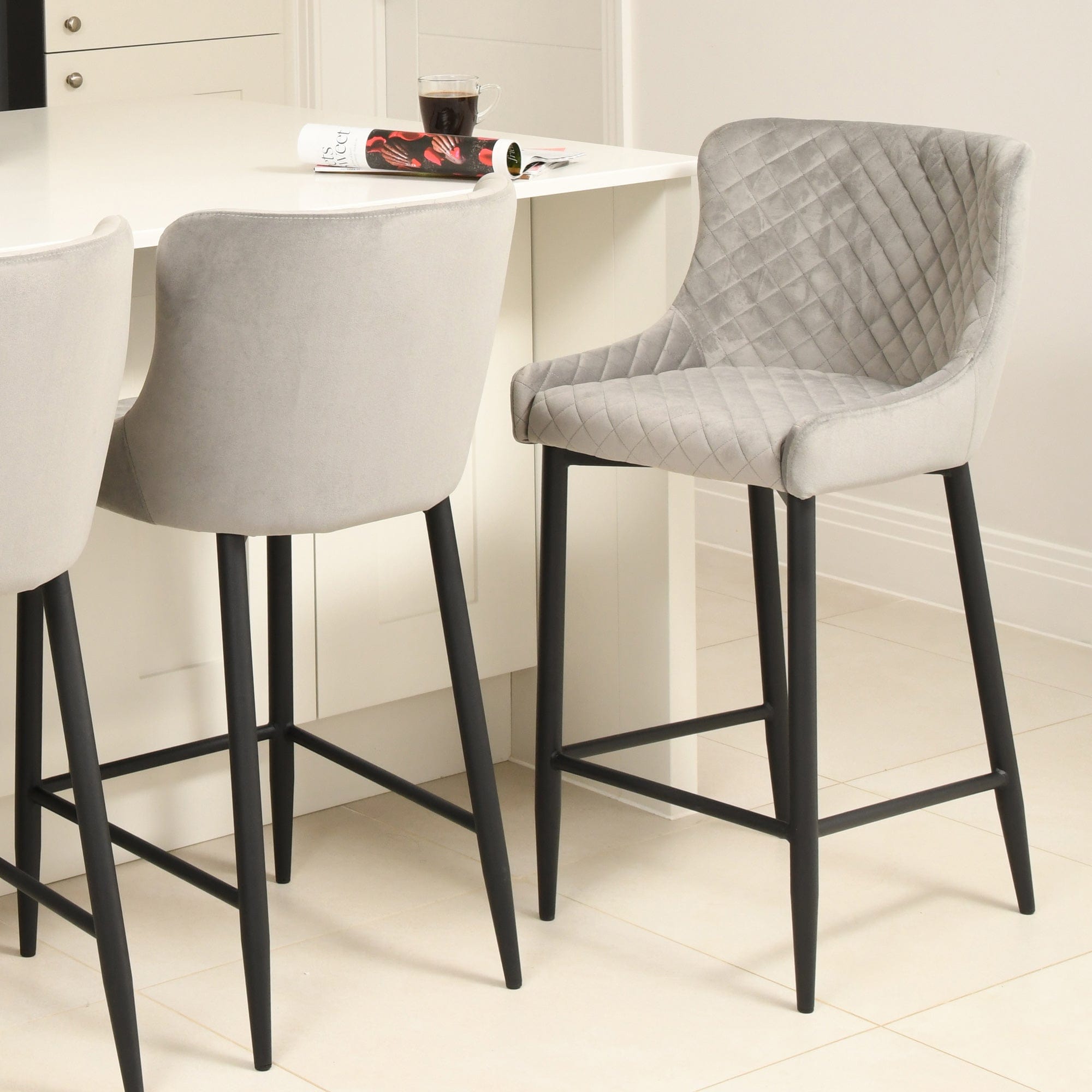 Counter Bar Stool In Grey Velvet