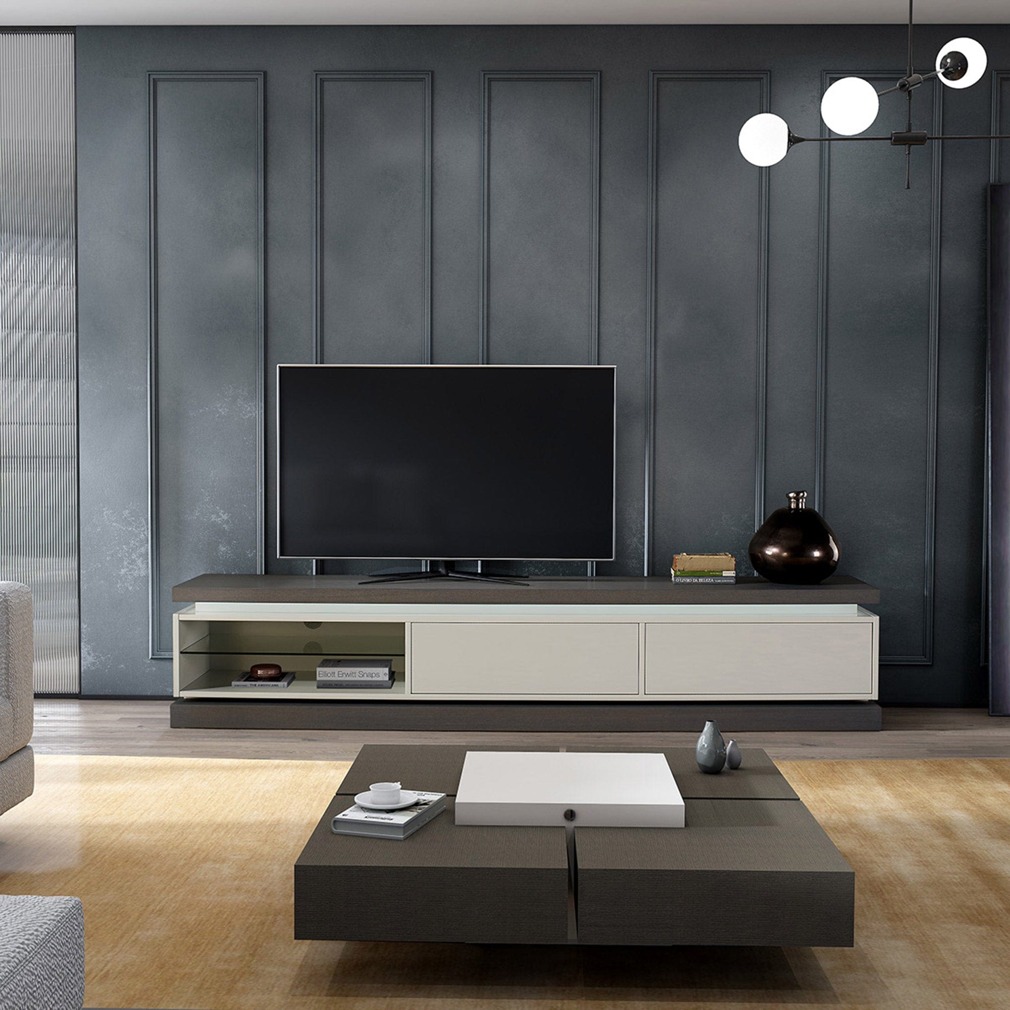 200cm TV Unit With 2 Drawers Top/Plinth In Oak Matt Lacquered Stucture & Fronts Without LEDS