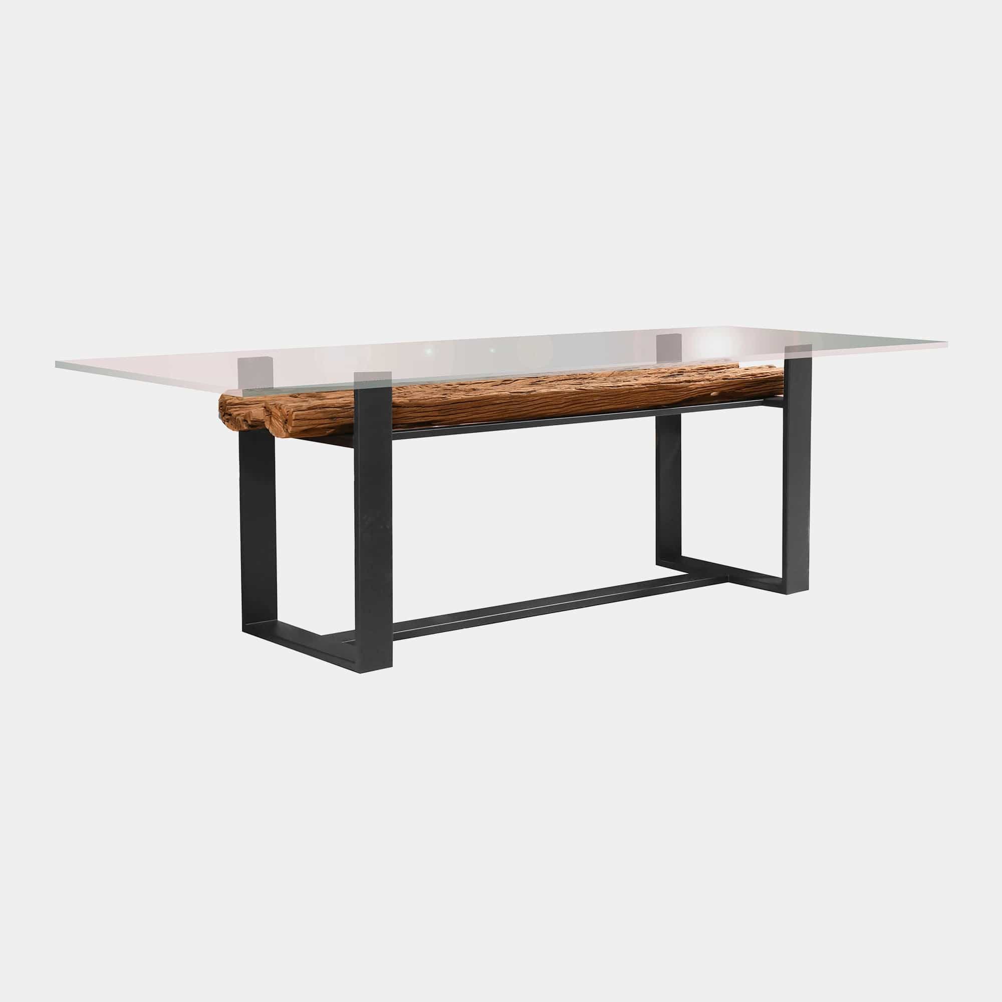 240cm Dining Table Reclaimed Railway Sleeper With Glass Top & Matt Black Base