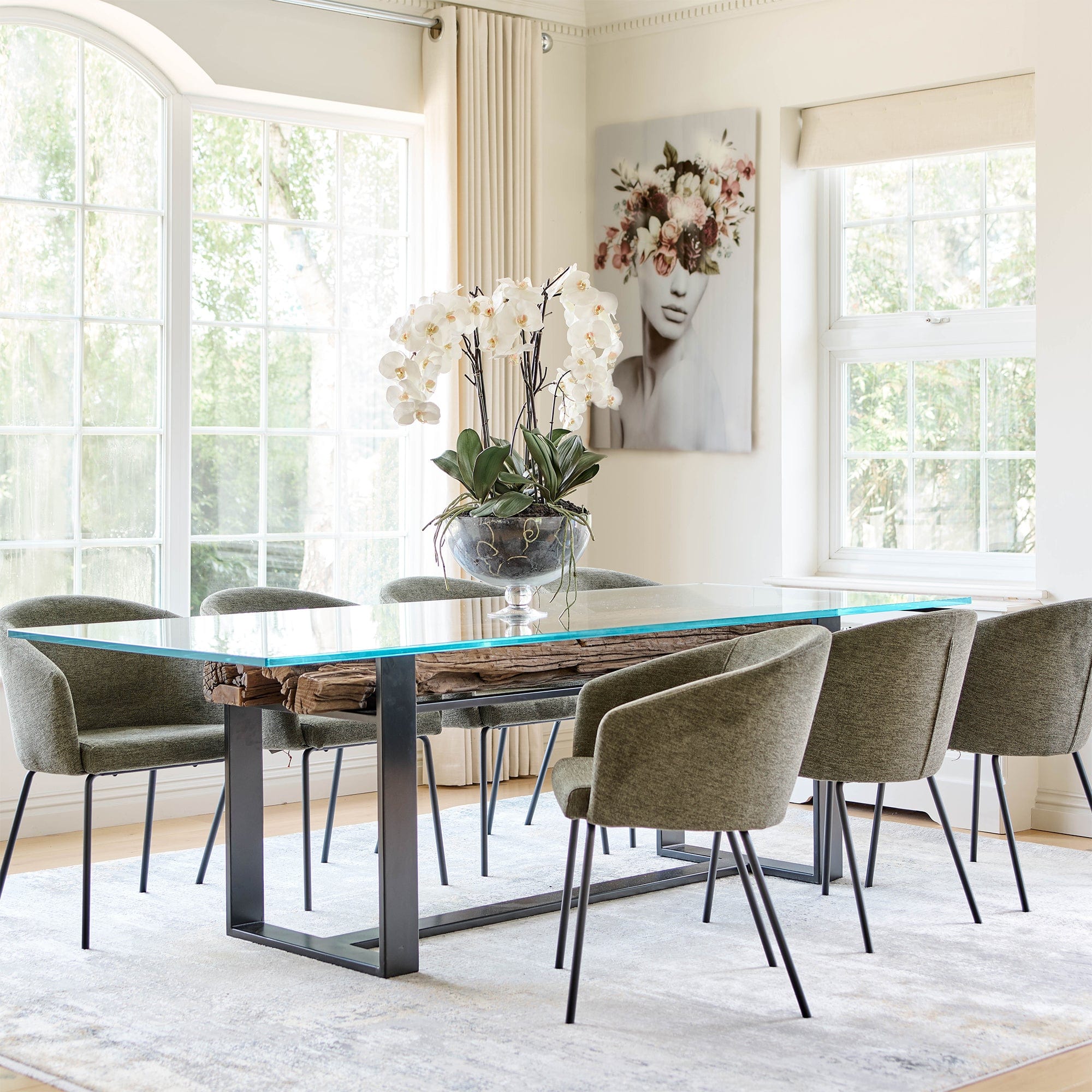 240cm Dining Table Reclaimed Railway Sleeper With Glass Top & Matt Black Base