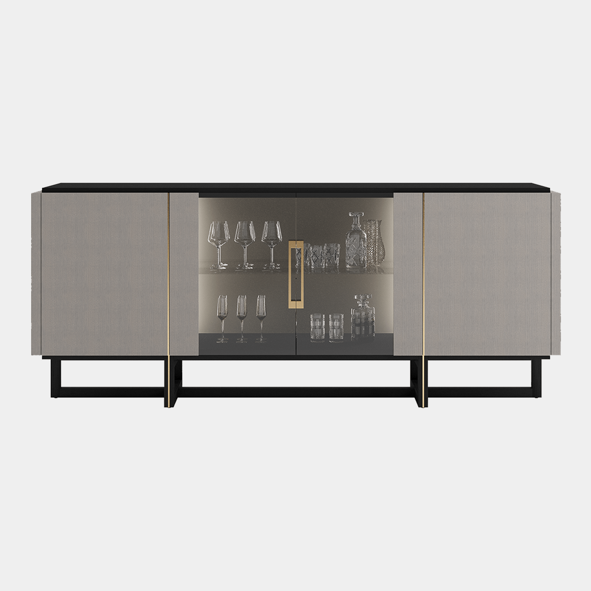 Porto - 180cm 4 Door Sideboard With Gold Stainless Detail, Oak Top & Feet, Grey Glass