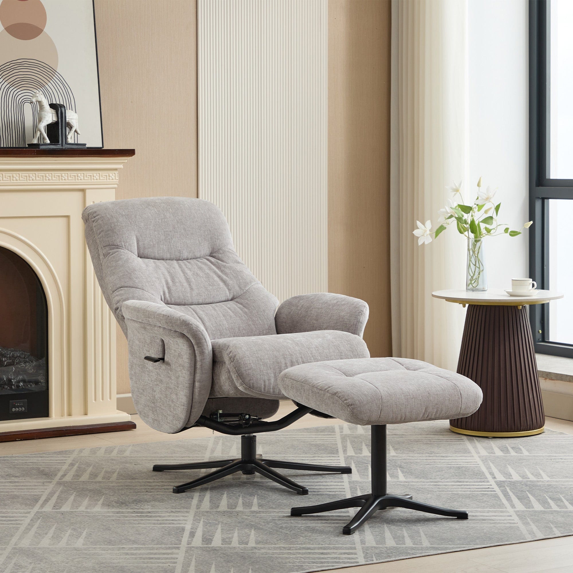 Alberta - Swivel Recliner Chair & Stool In Fabric Cloud, Black Base