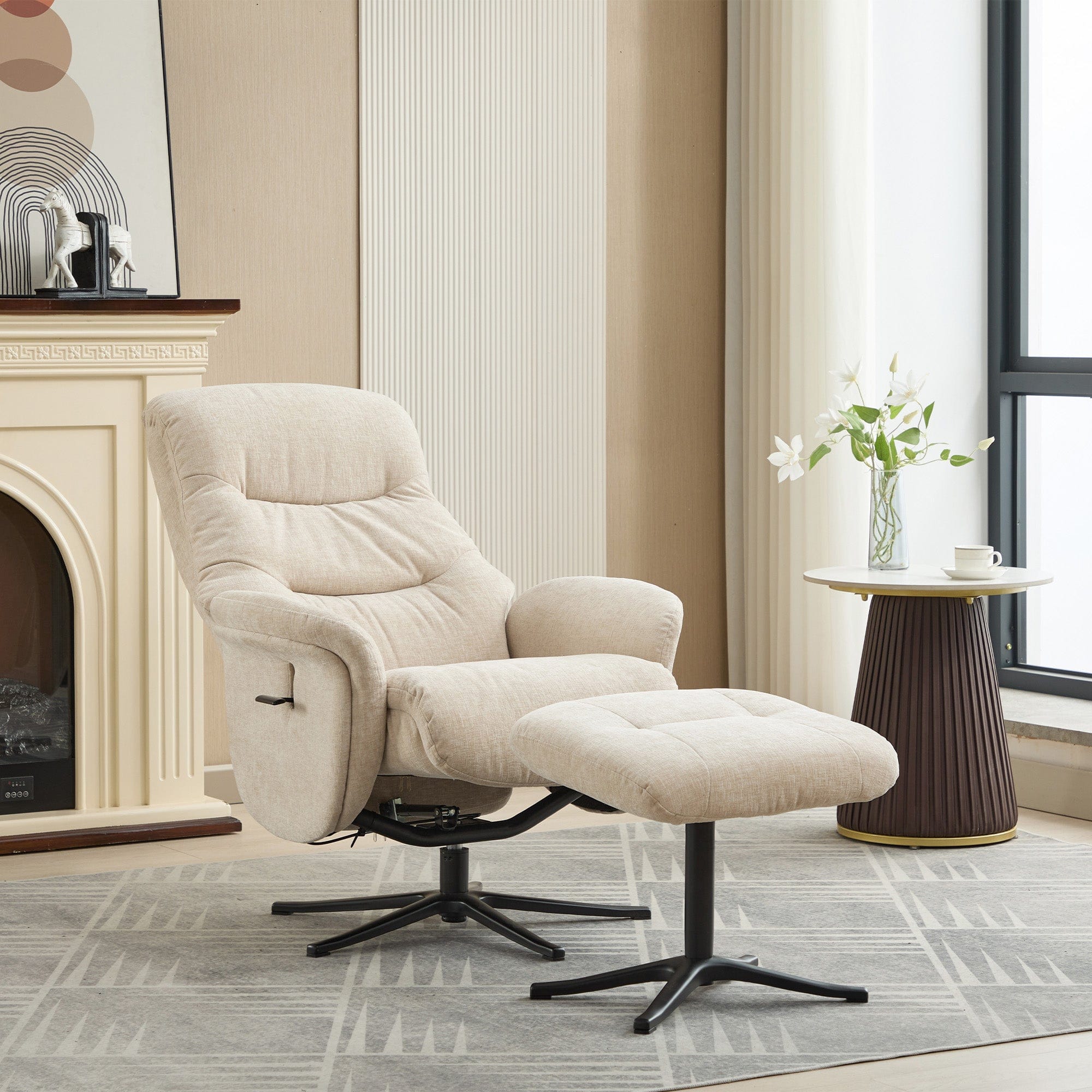 Alberta - Swivel Recliner Chair & Stool In Fabric Barley, Black Base