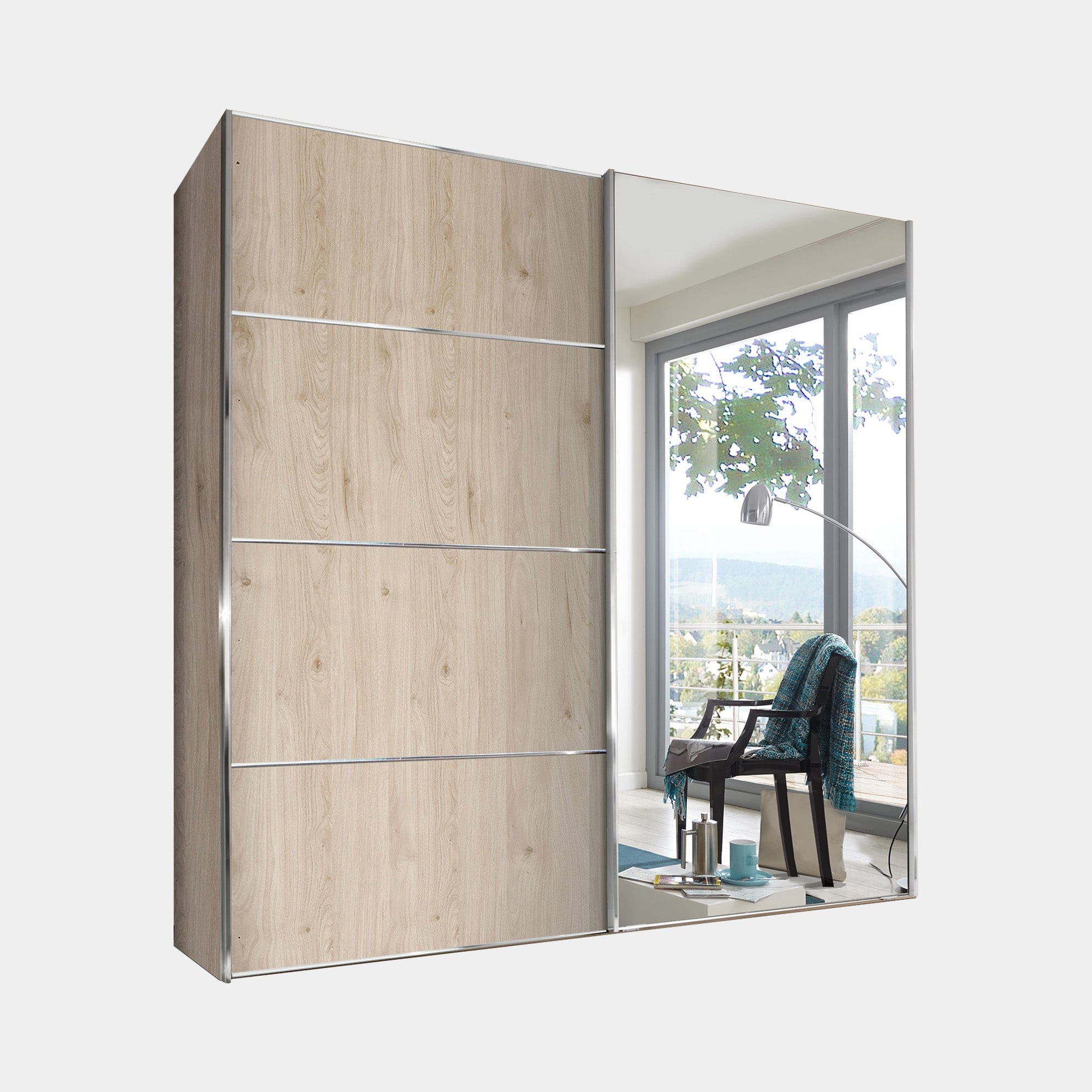Lauderdale - Mirrored Wardrobe 150cm Sliding 2 Door, RH Mirror Door, 4 Panel Fronts
