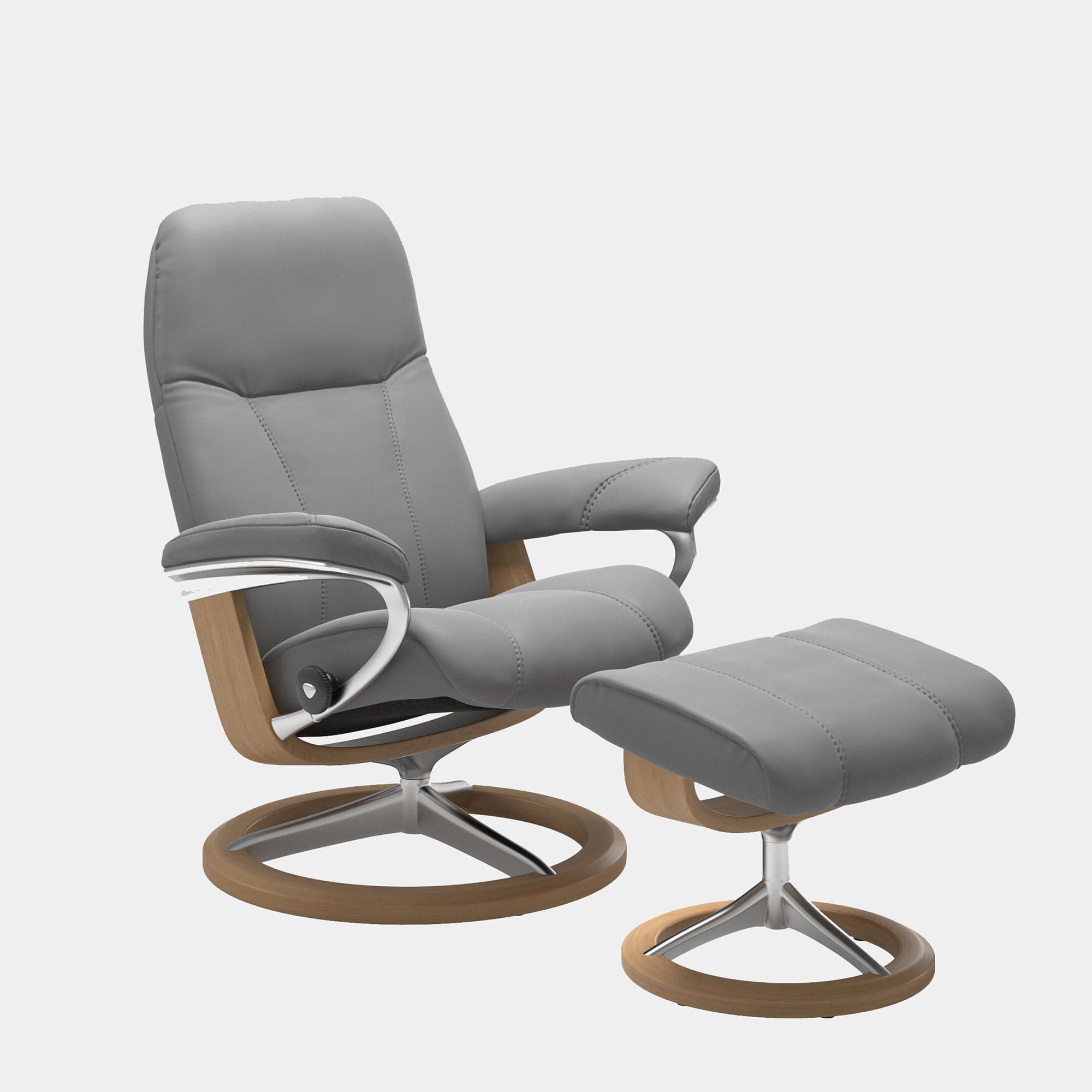 Stressless Consul - Chair & Footstool With SignatureBase Small Batick Wild Dove Leather Oak Frame
