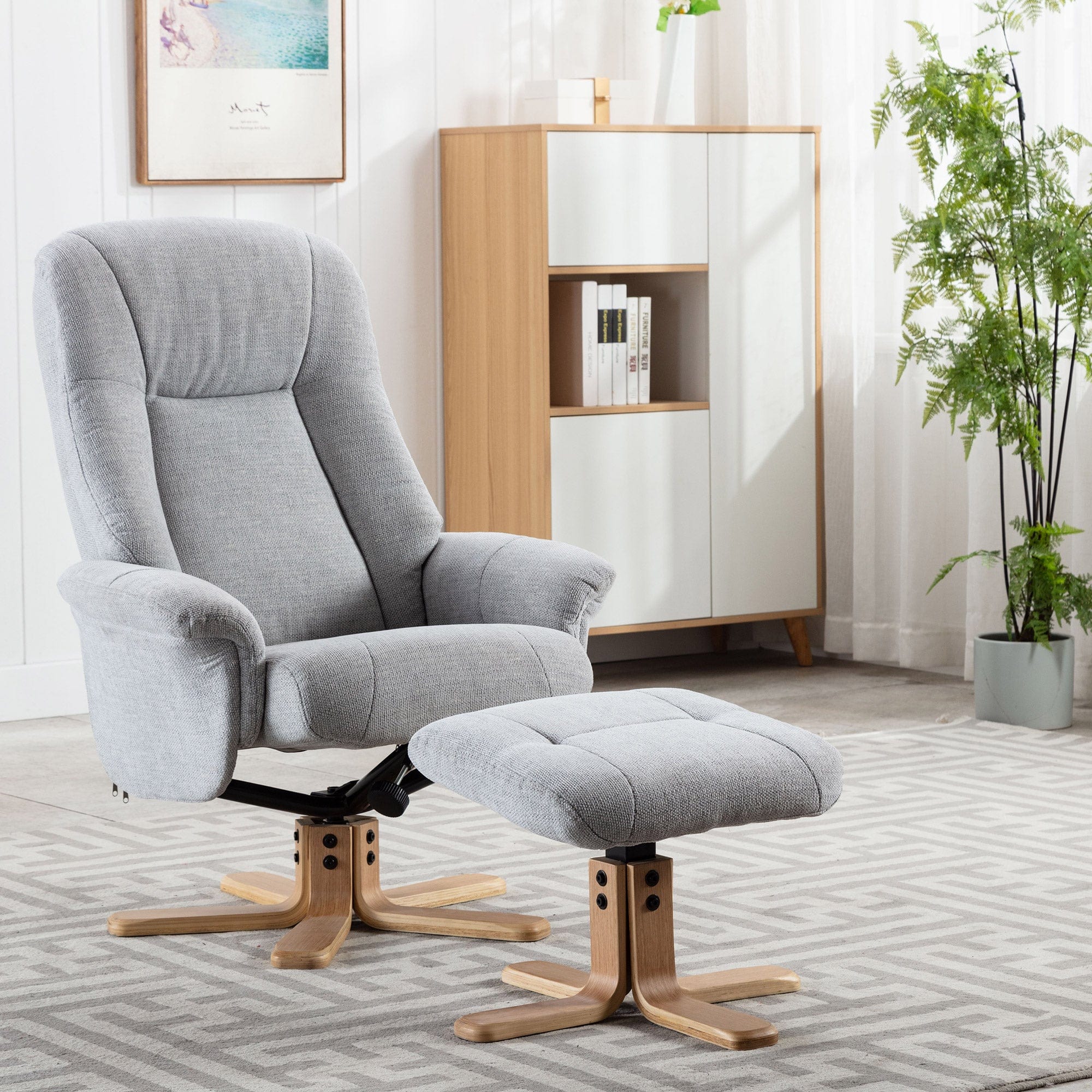 Swivel Chair With Footstool In Fabric Lille Cloud With Mid Oak Base