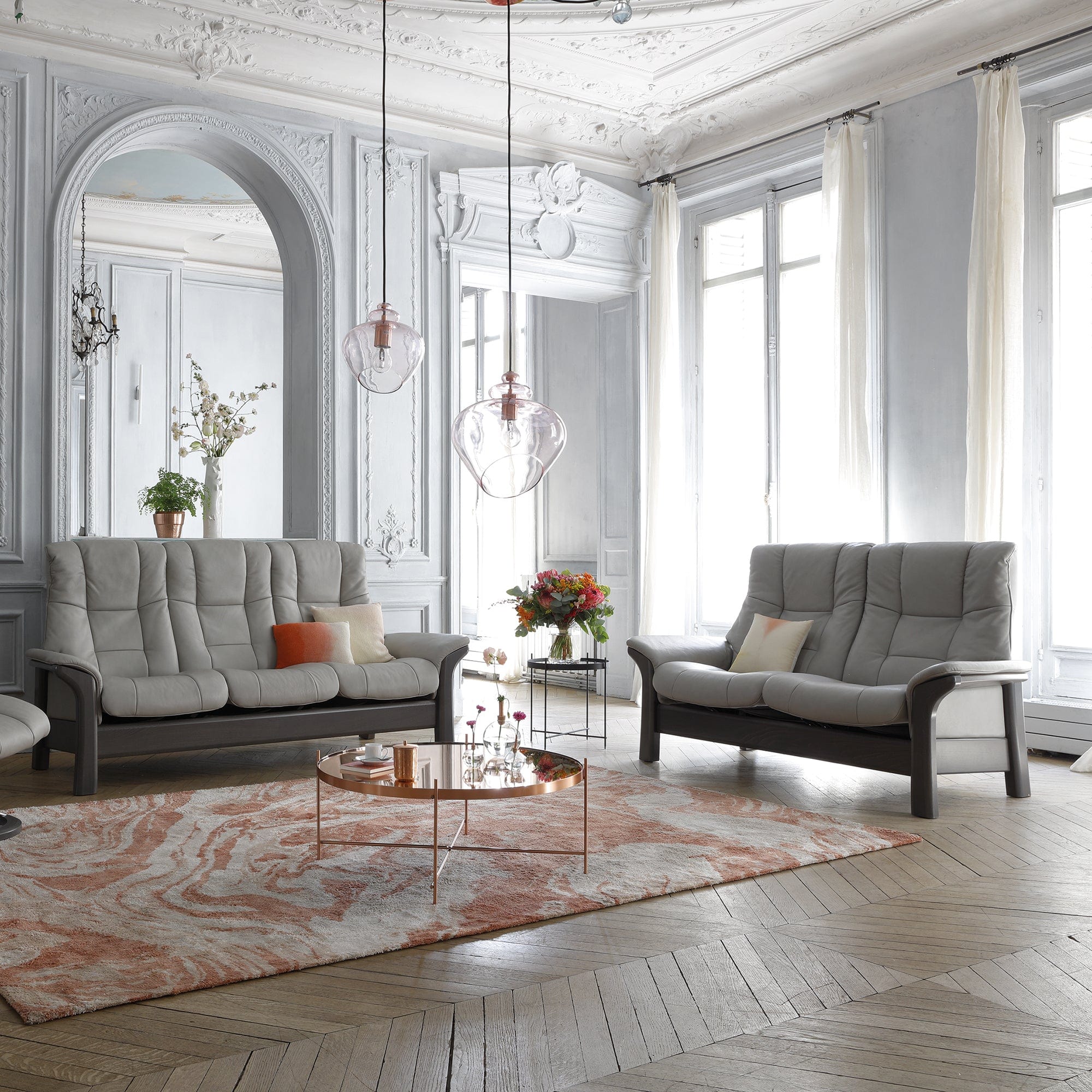 QUICKSHIP - High Back 3 Seat Sofa In Paloma Beige With Oak Wood Base