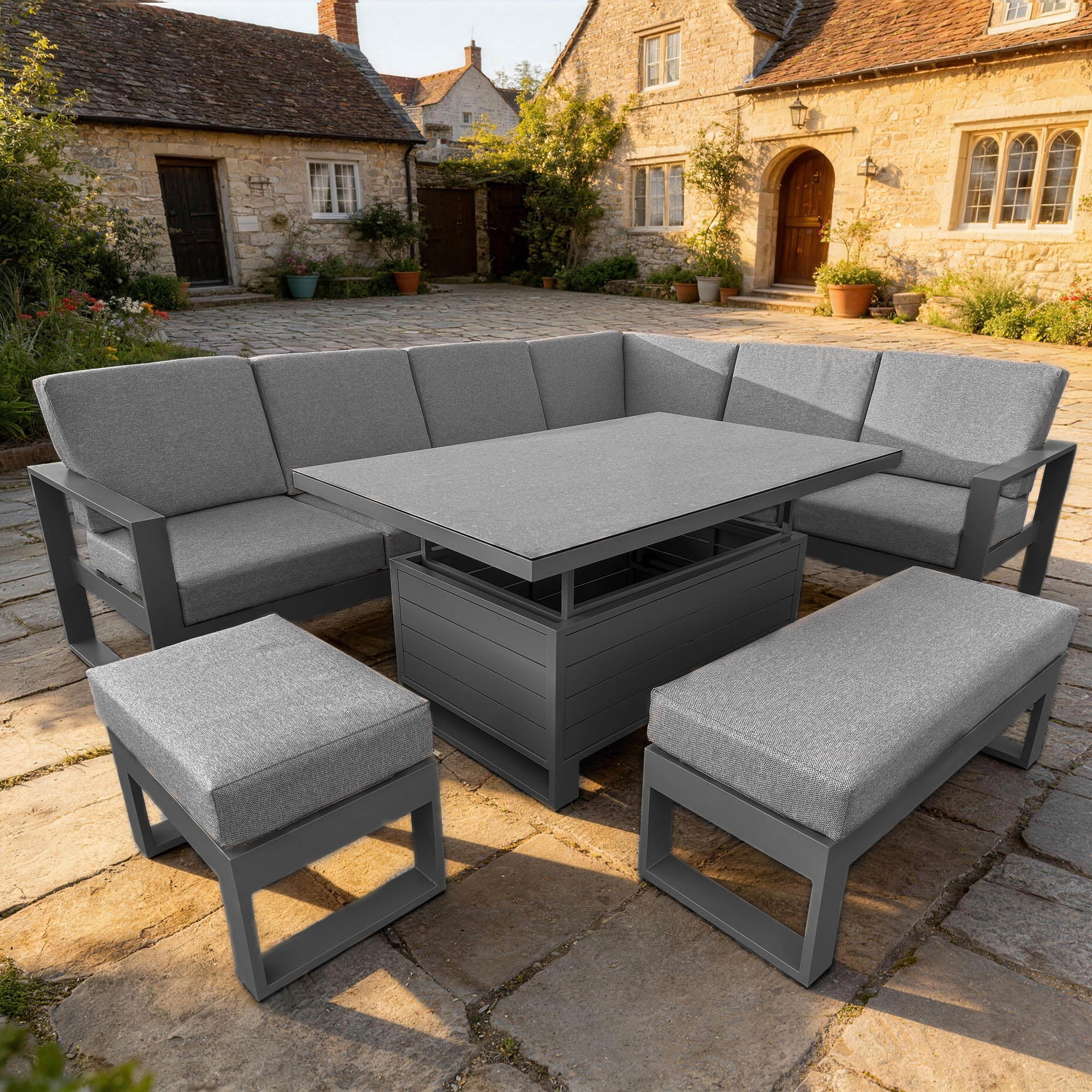Mustique - Large Corner Garden Dining Set & Rising Table, Grey Aluminium