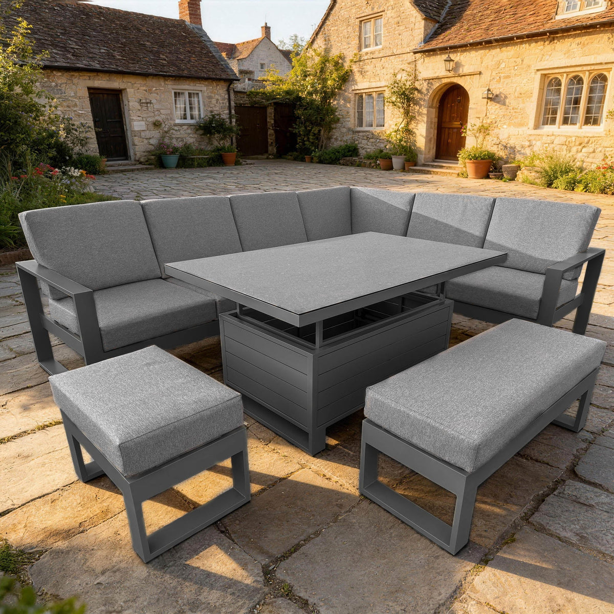 Mustique - Large Corner Garden Dining Set & Rising Table, Grey Aluminium