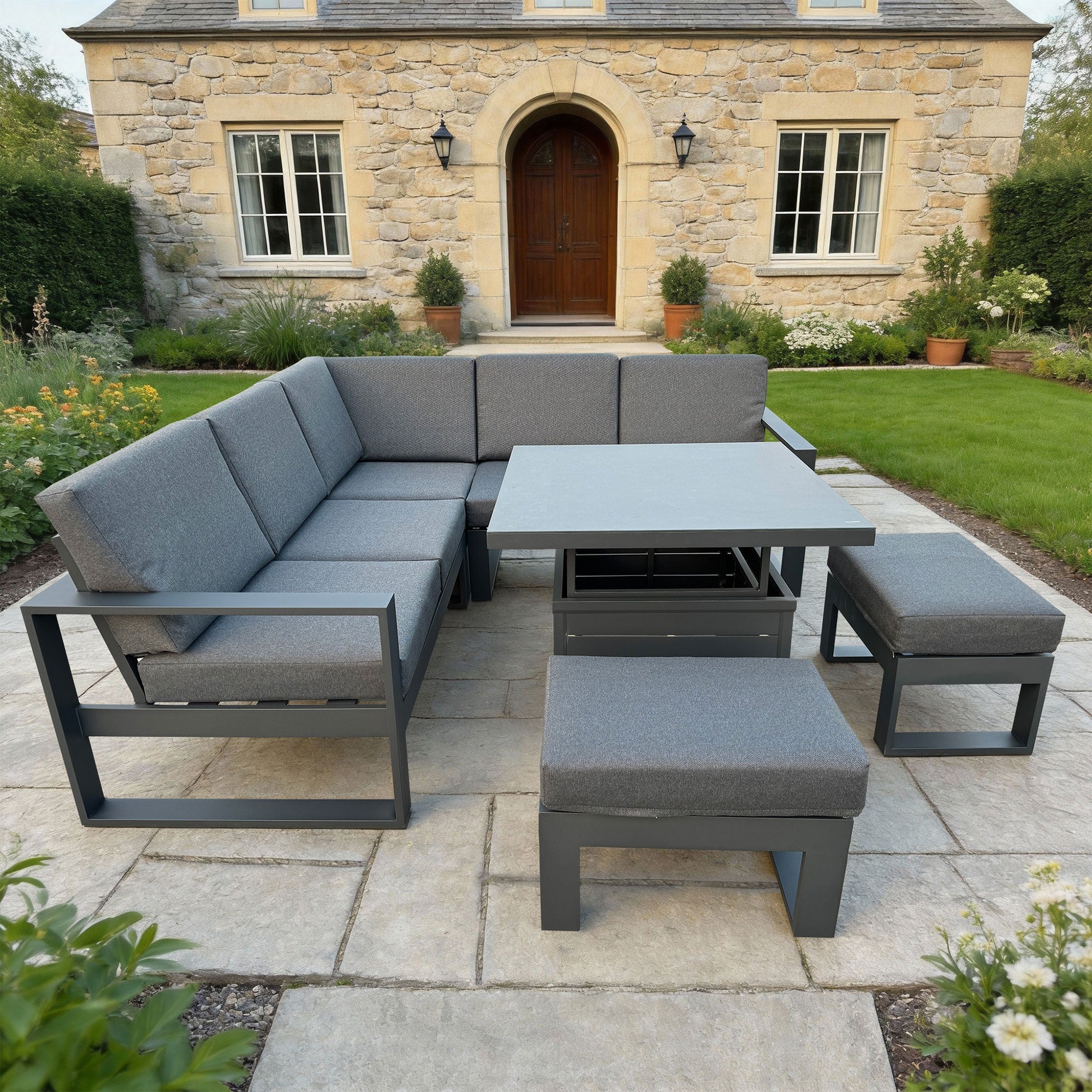 Mustique - Small Garden Corner Dining Set & Rising Table, Grey Aluminium