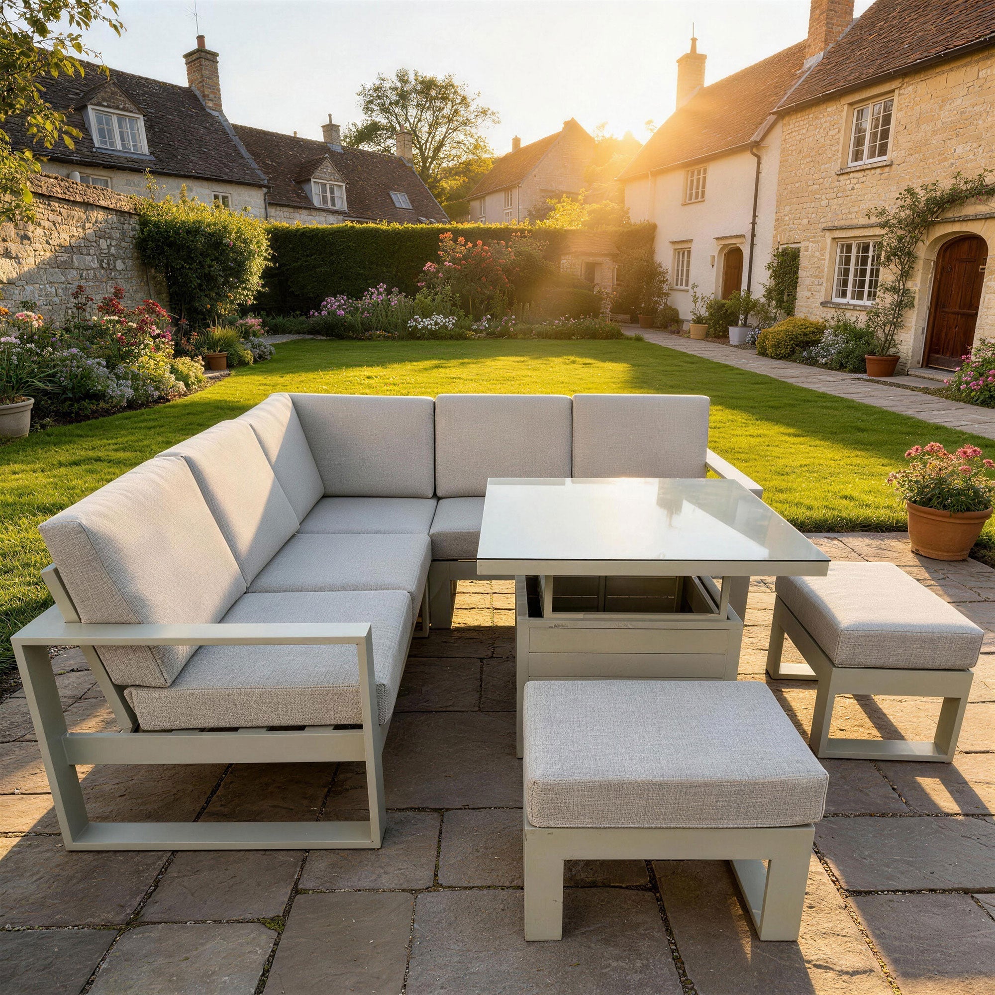 Mustique - Small Garden Corner Dining Set & Rising Table, Natural Aluminium