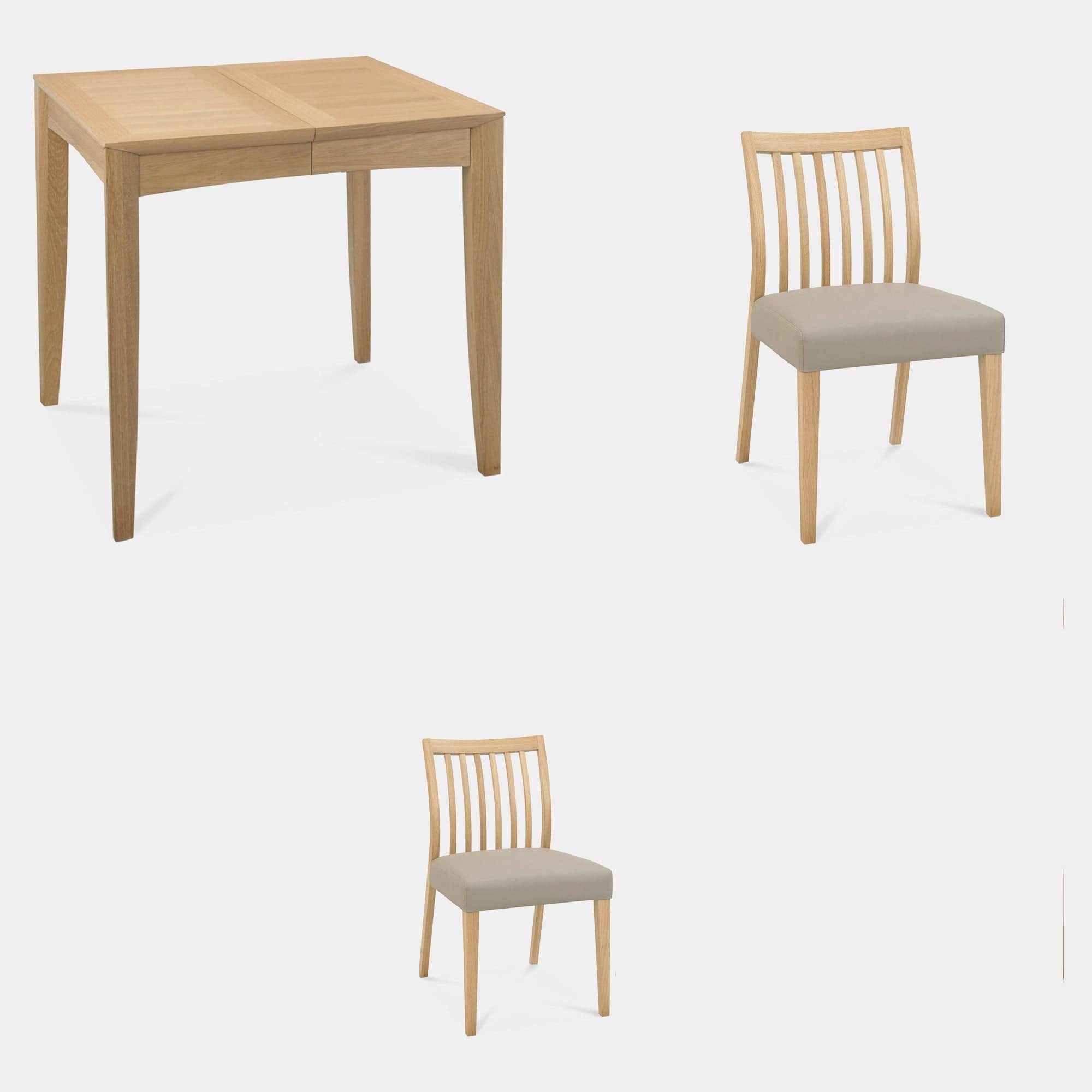 Bremen - 80cm Extending Dining Table In Oak Finish & 2 Low Slat Back Chairs In Grey Bonded Leather