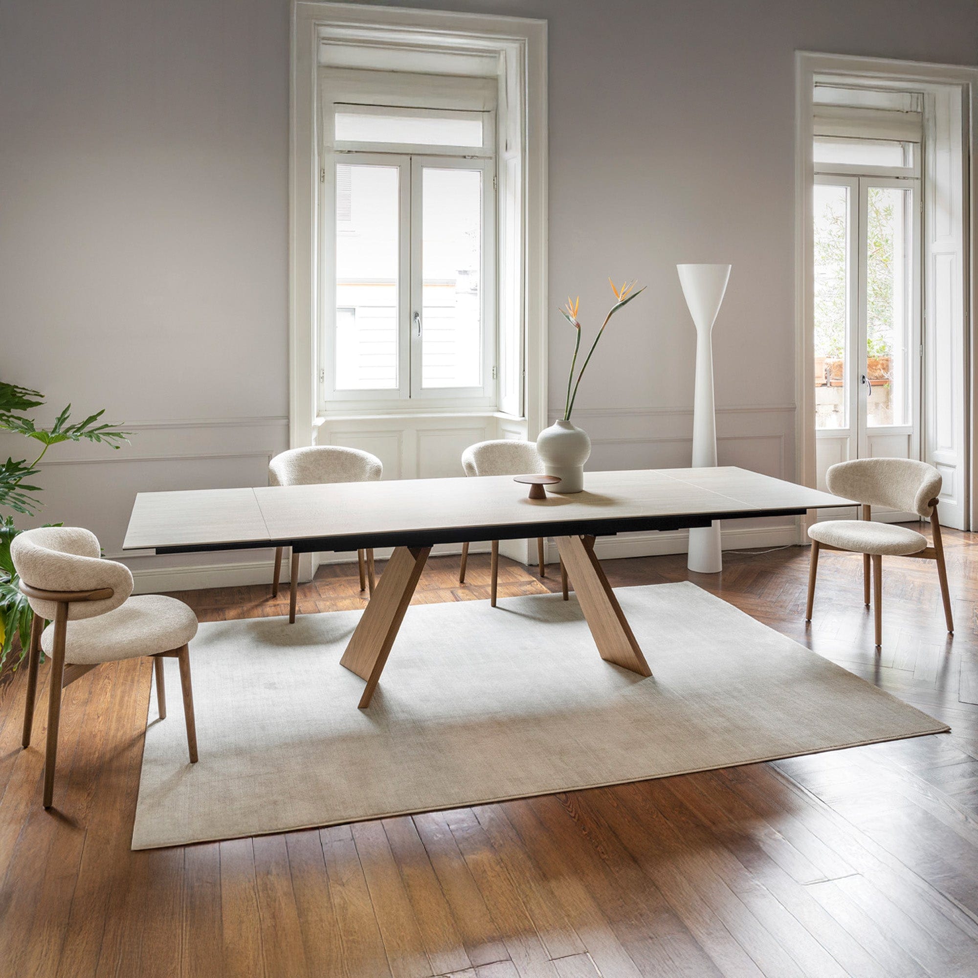 Dining Table 160cm Extending Matt Black Frame with Salt White Ceramic Top