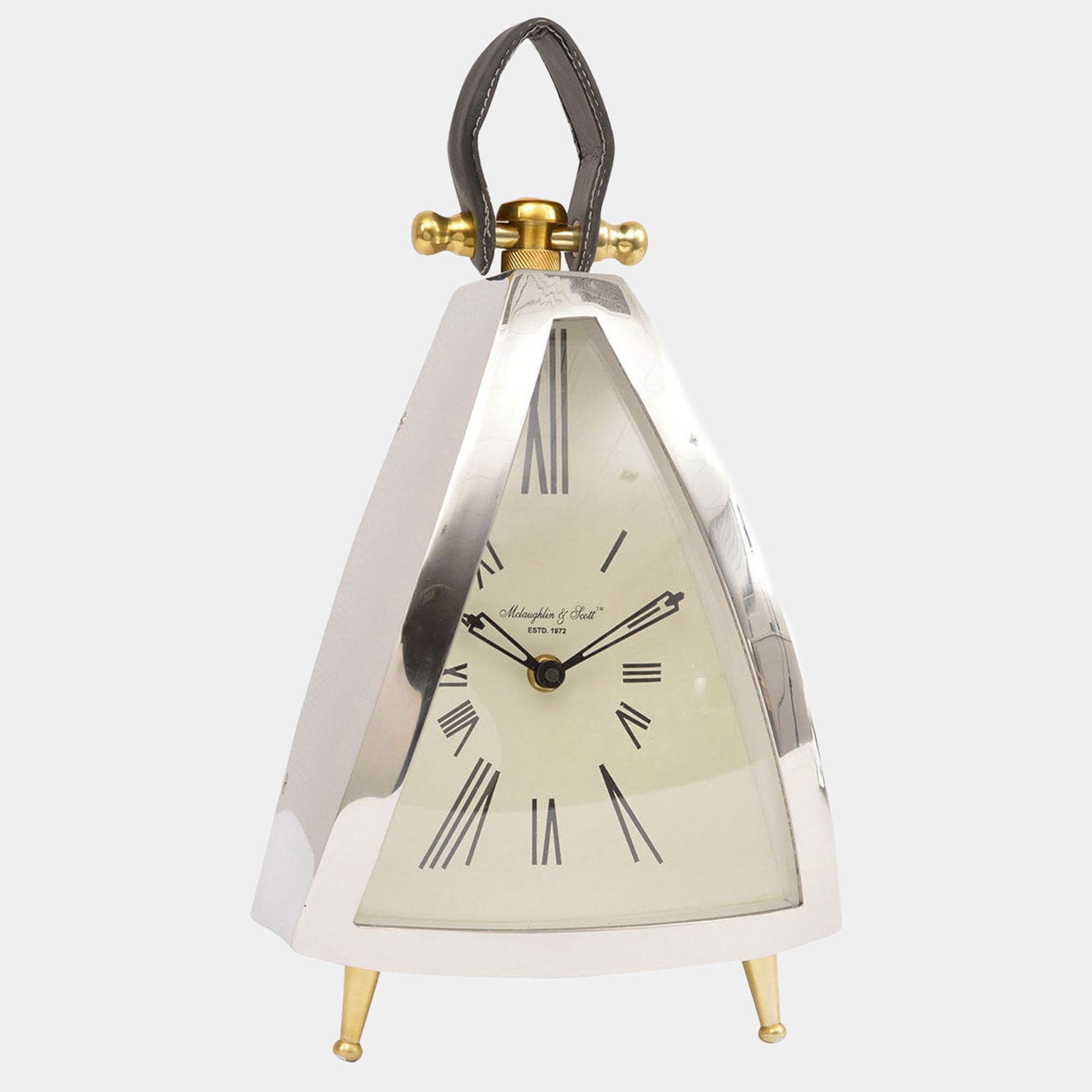 Isosceles Curved Front Leather Handle Mantel Clock - Polished Silver