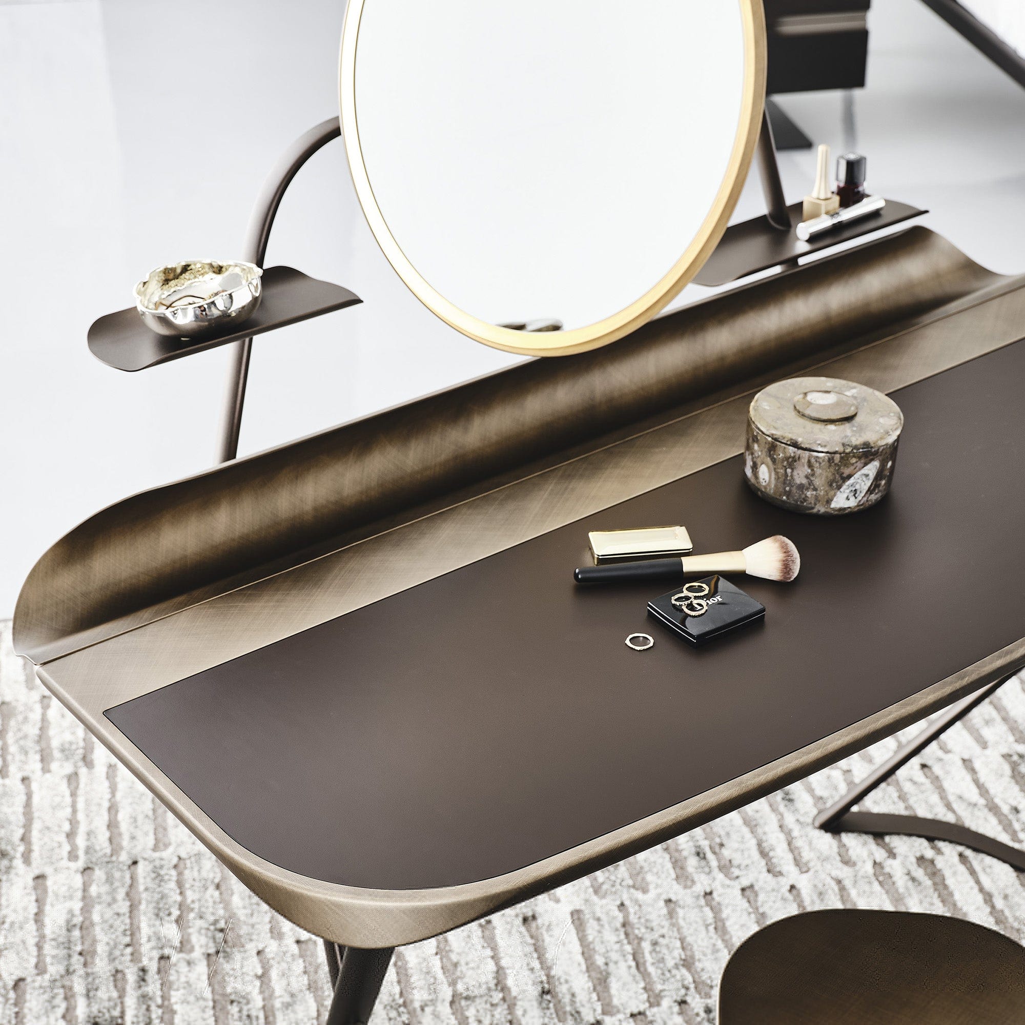 Desk With LED Light GFM73 Black Structure Top In Leather Frame In Brushed Grey /Bronze
