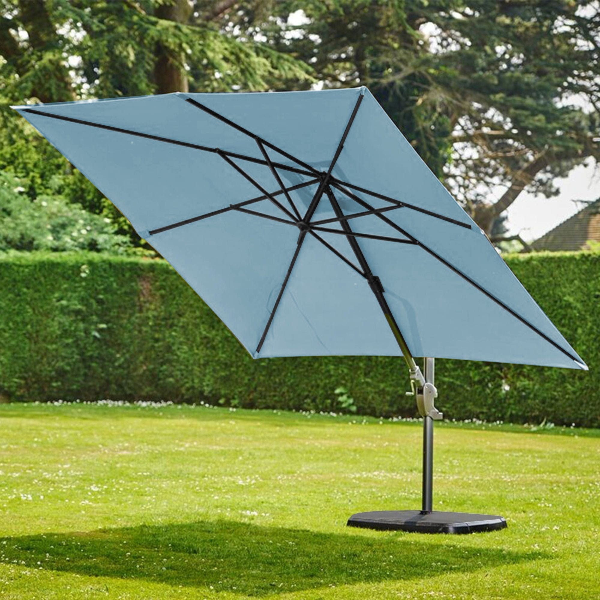 Deluxe 3m x 3m Square Parasol In Duck Egg Blue Including Cover With Sand & Water Base