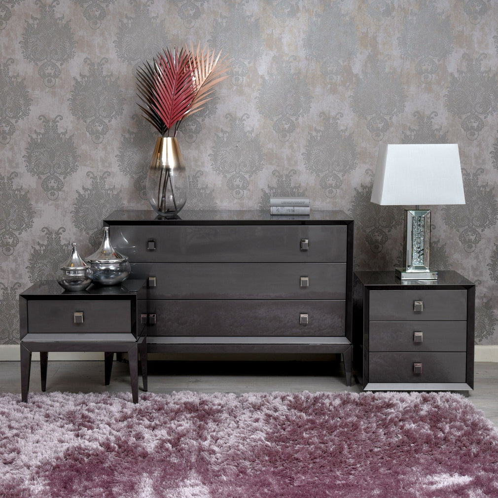 3 Drw Bedside 55cm Table Stainless Steel Handles HG Finish