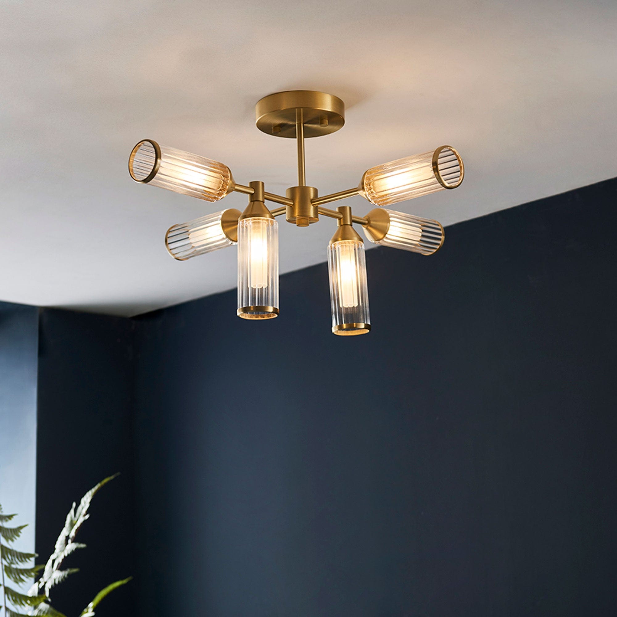 Newton - Satin Brass 6 Light Semi Flush Ceiling Light
