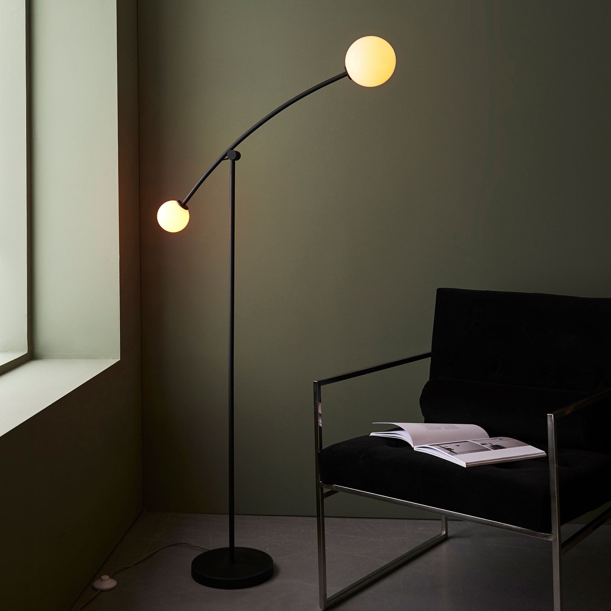 Orbs 2 Floor Lamp Matt Black White Glass Globes