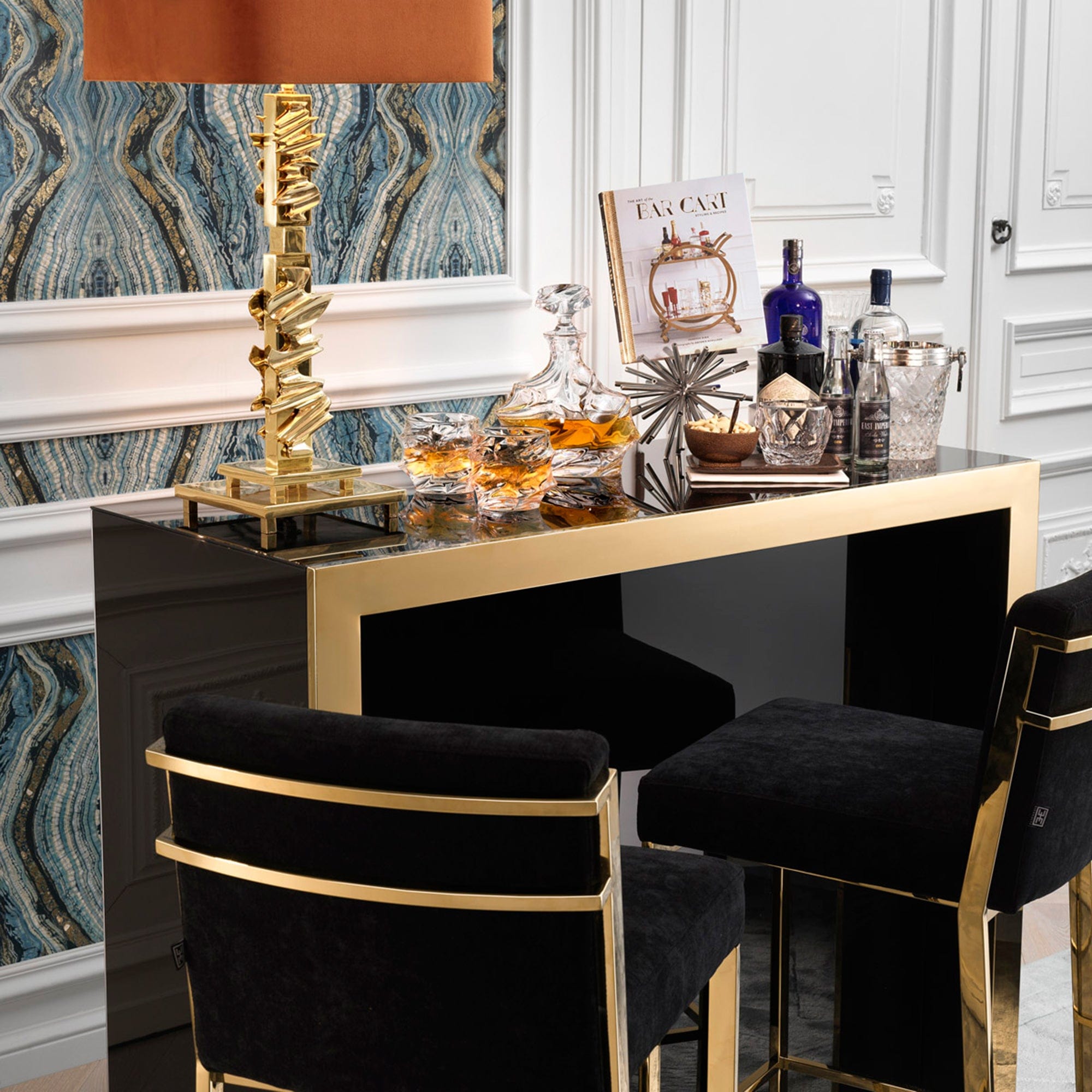 Bar Unit Gold Finish Black Glass