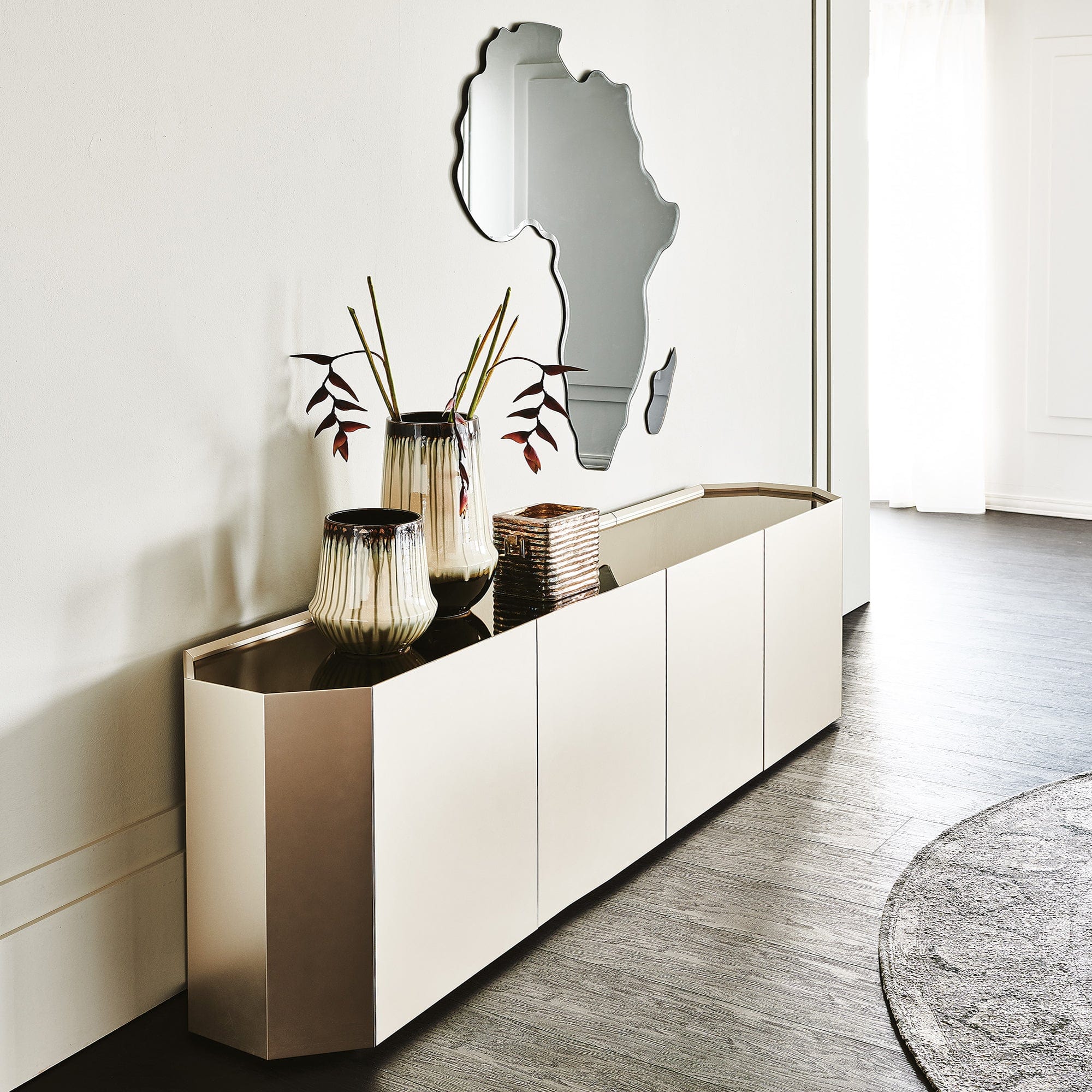 248cm 4 Door Sideboard With Mirrored Bronze Glass Top & M11 Titanium Carcase- 75cm high