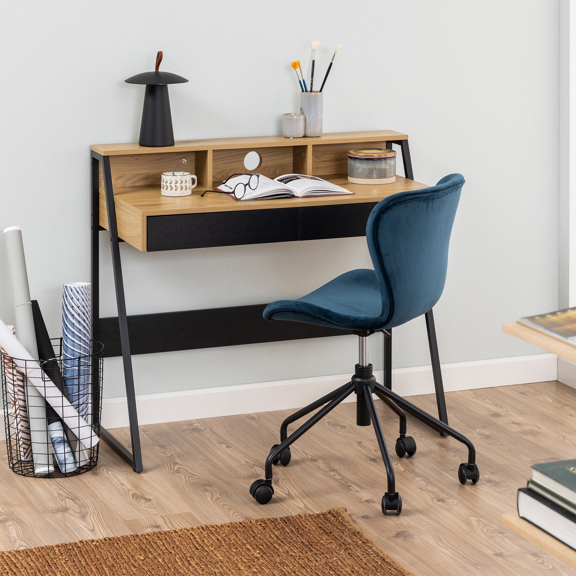 Office Desk Wild Oak/Black Finish (Supplied Packed Flat)