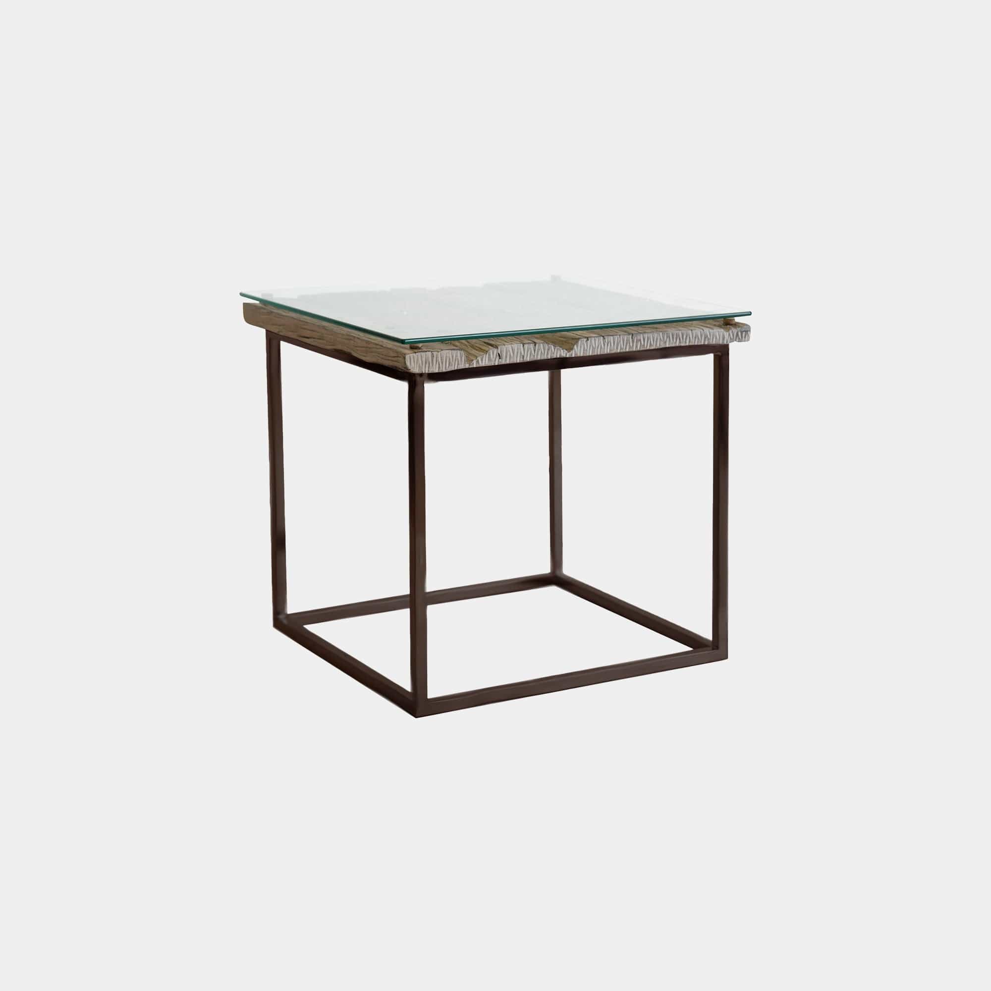 Myrtle - Lamp Table Reclaimed Railway Sleeper With Glass Top & Matt Grey Metal Base