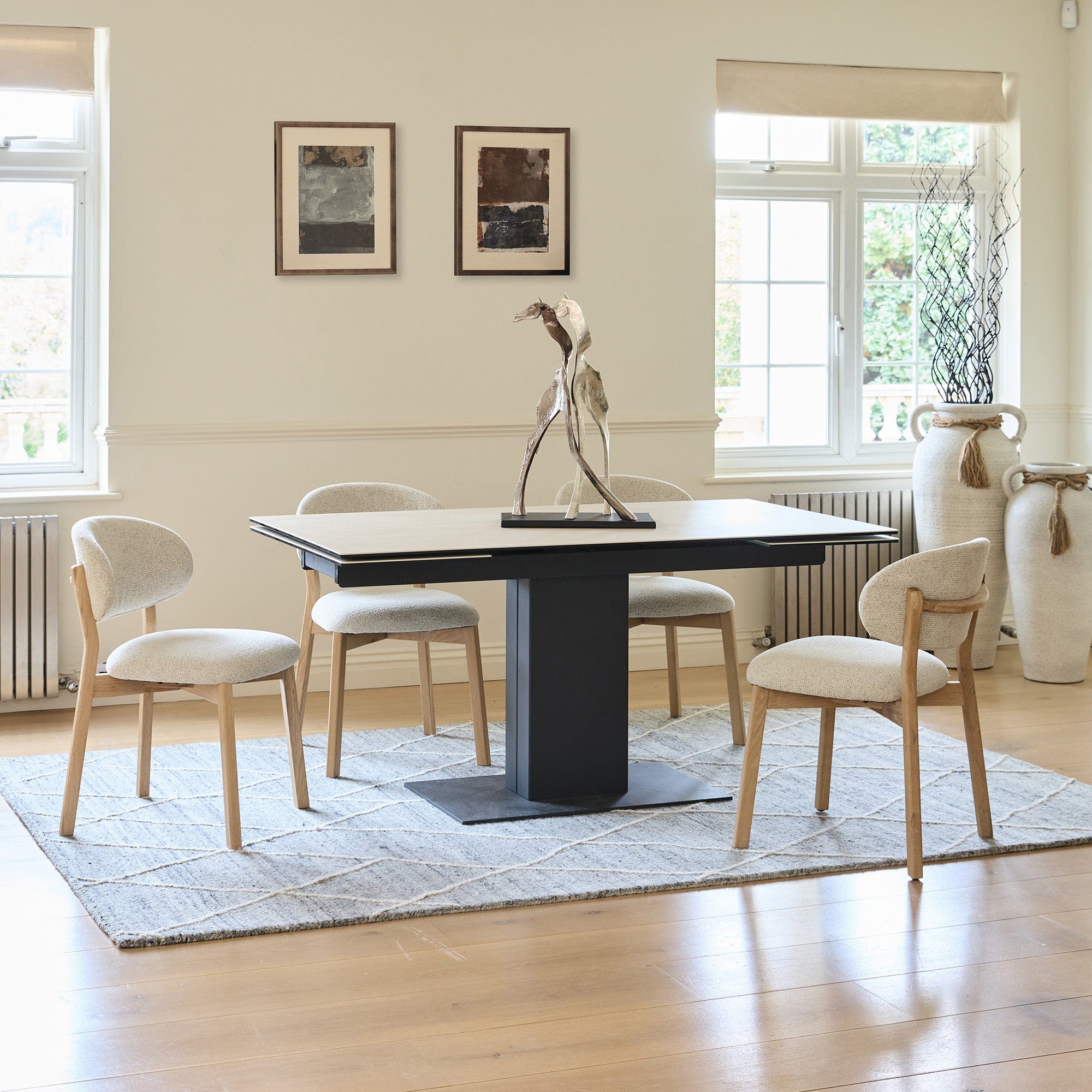 160cm Ext Dining Table In 0102R Cream Ceramic With Charcoal Base