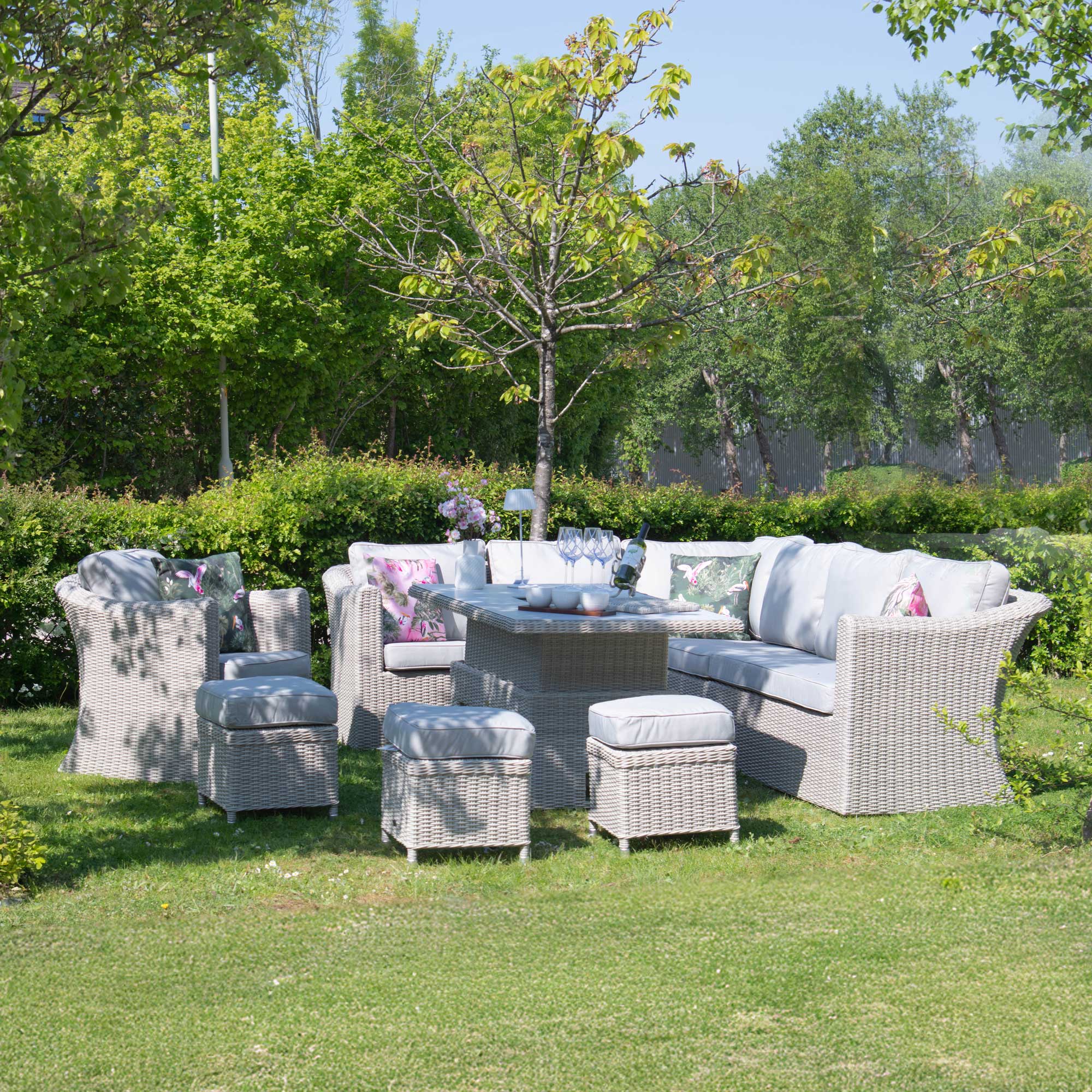 Deluxe Corner Dining Set With Rising Table In Light Grey With Ceramic Top