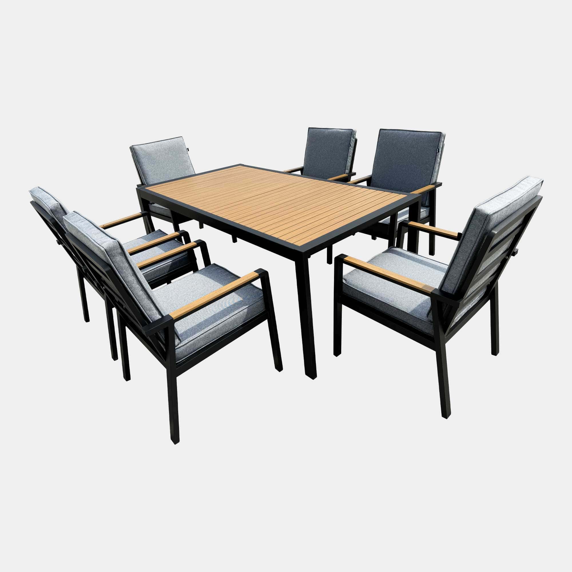 Antigua - 6 Seat Rectangular Dining Set In Grey Aluminium With Wood Effect