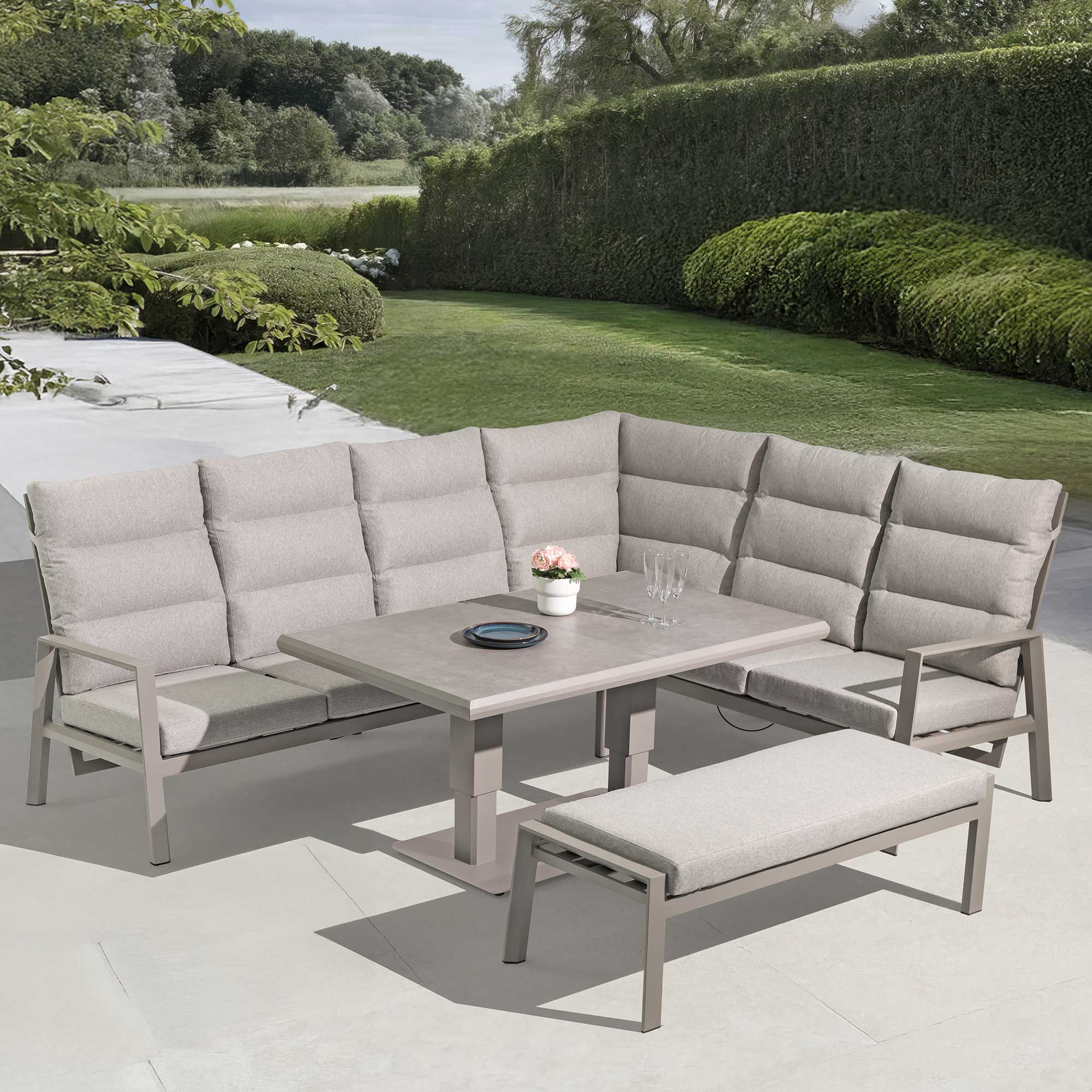 Corner Sofa Dining Set With Rising Table In Grey Aluminuim With Ceramic Top