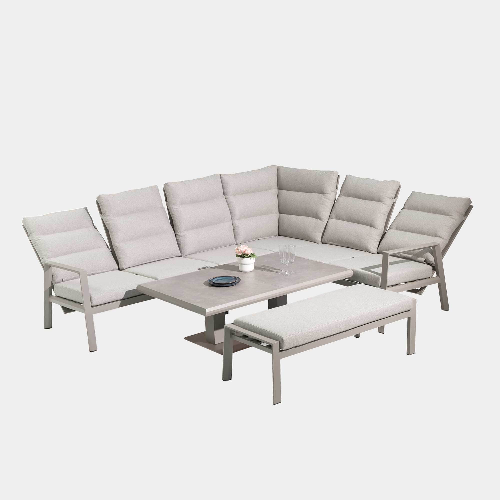 Corner Sofa Dining Set With Rising Table In Grey Aluminuim With Ceramic Top