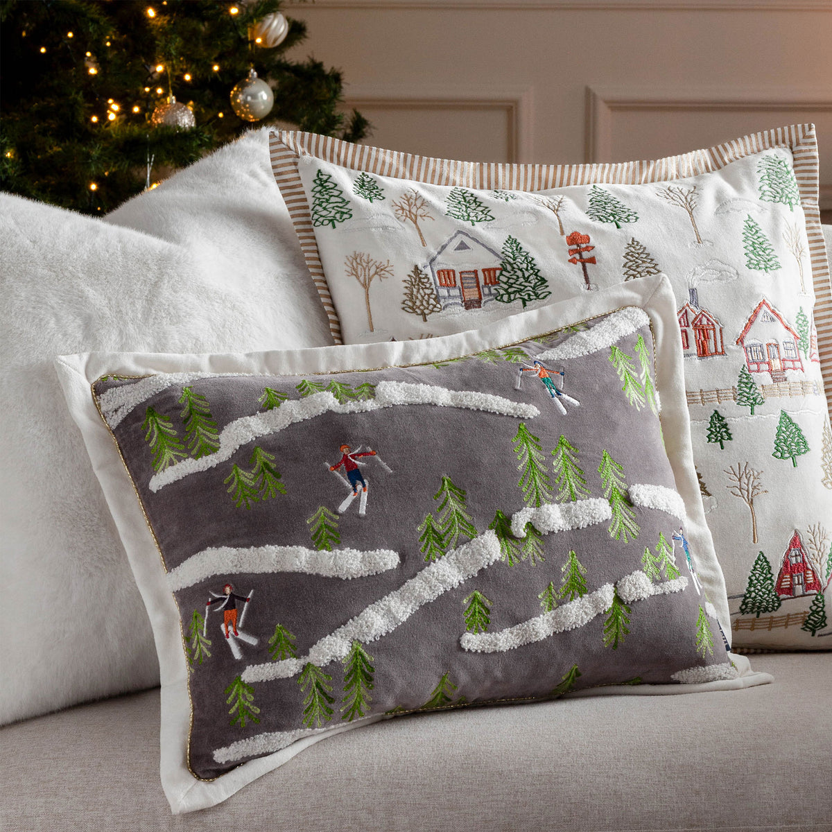 Winter Ski Lodges Embroidered - White Christmas Cushion 50x50cm