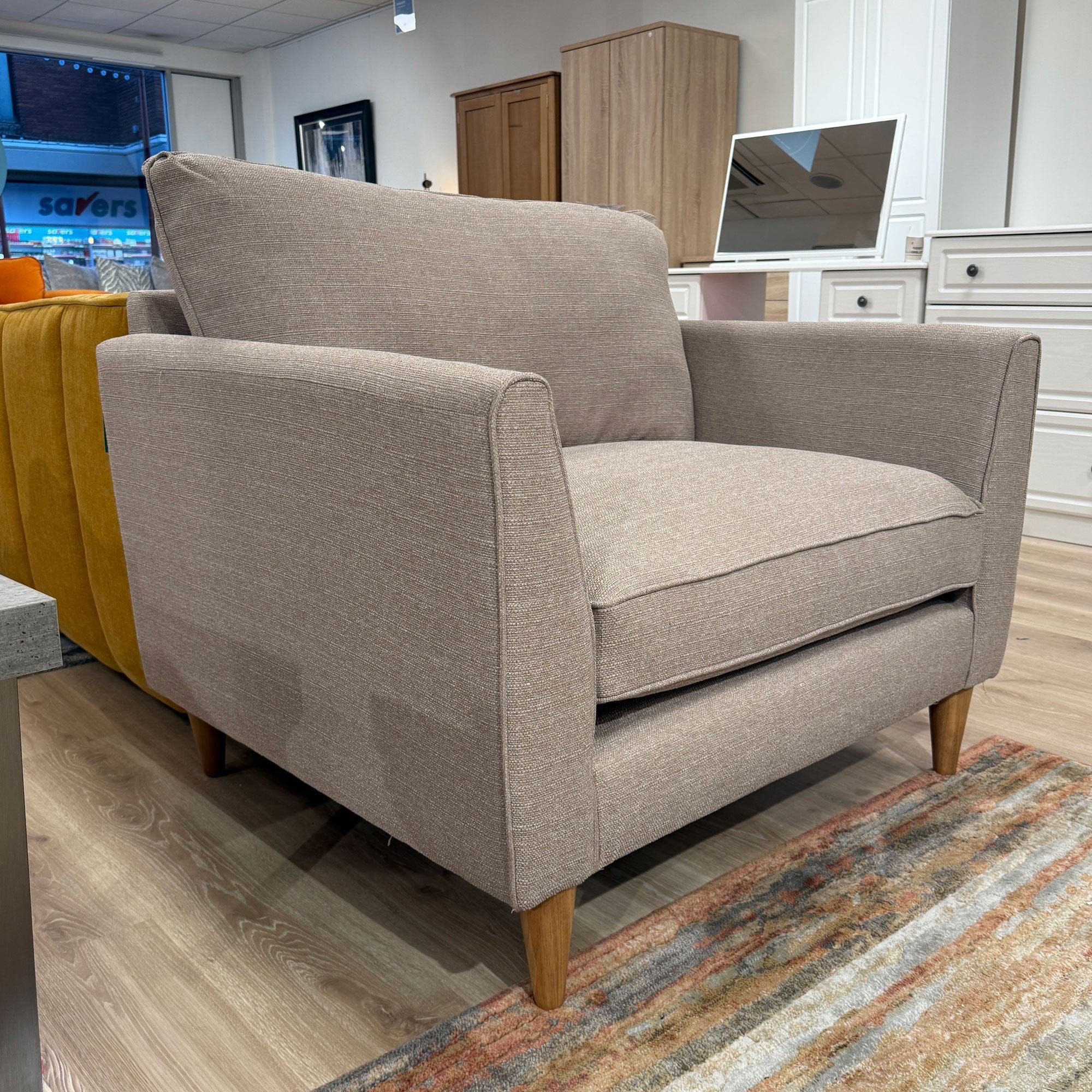 Luxe Love Chair In Fabric Bloom In Bloom Beige With Oak Effect Foot.