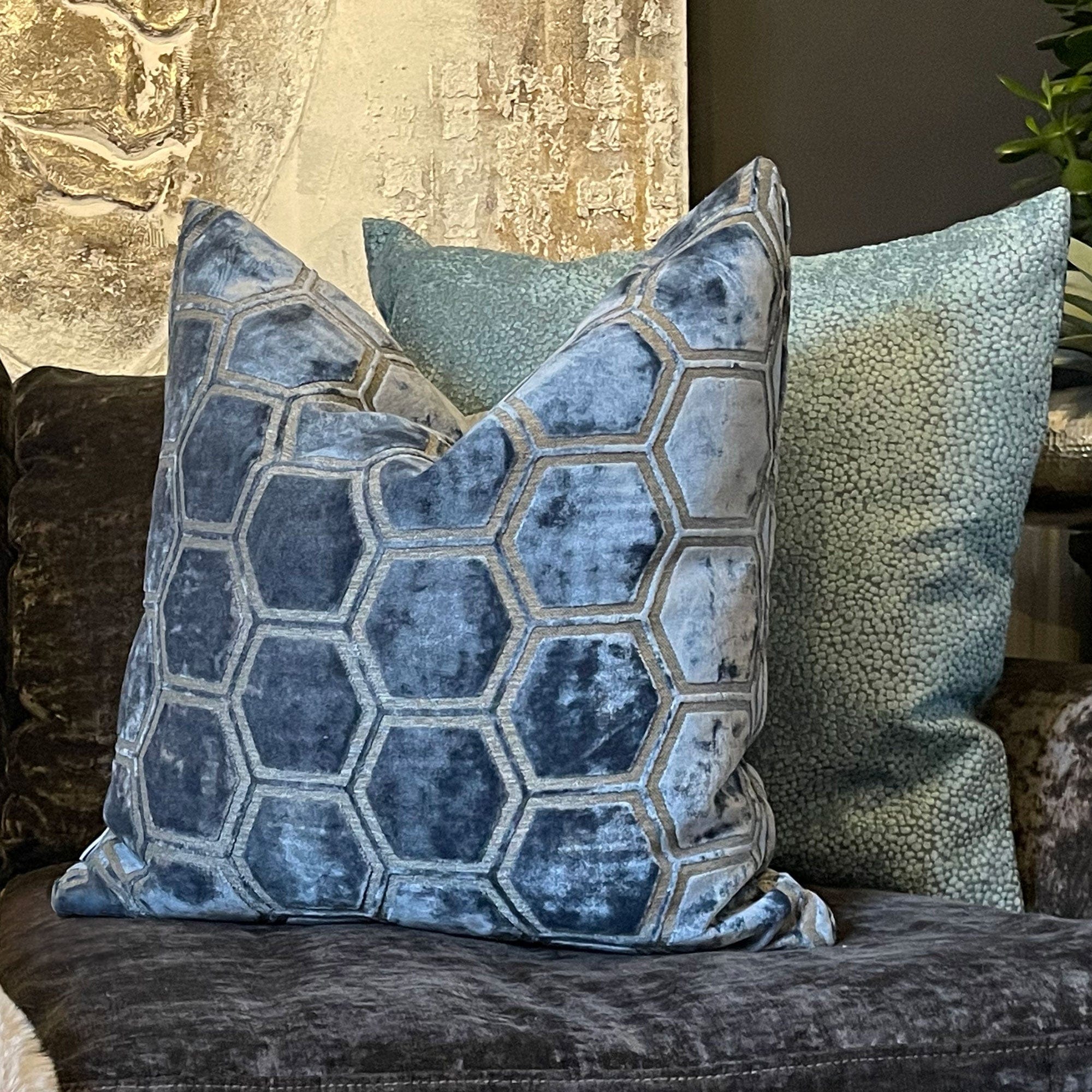 Ivor Cut Velvet Blue Cushion 43x43cm