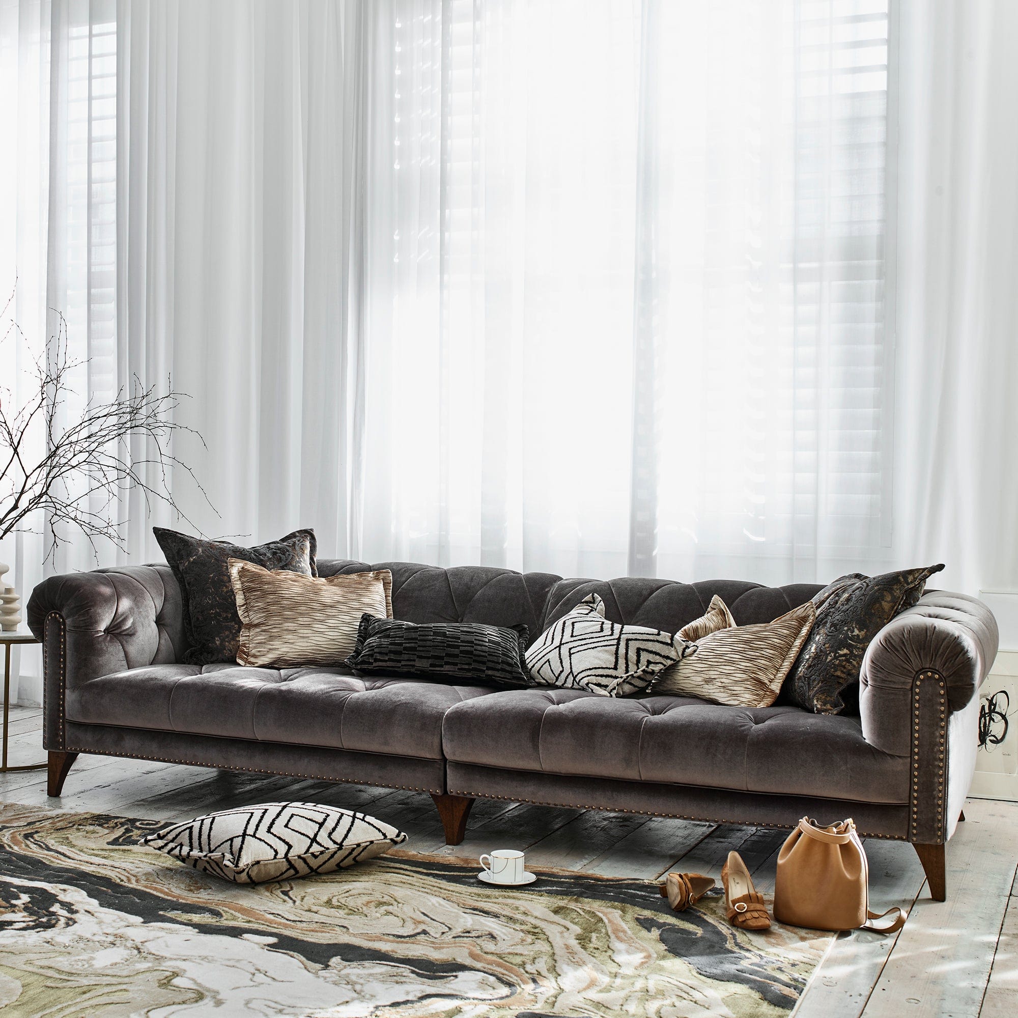 Deep 3 Seat Sofa In Fabric Grade A Oracle Chocolate With Antique Studs And Dark Feet