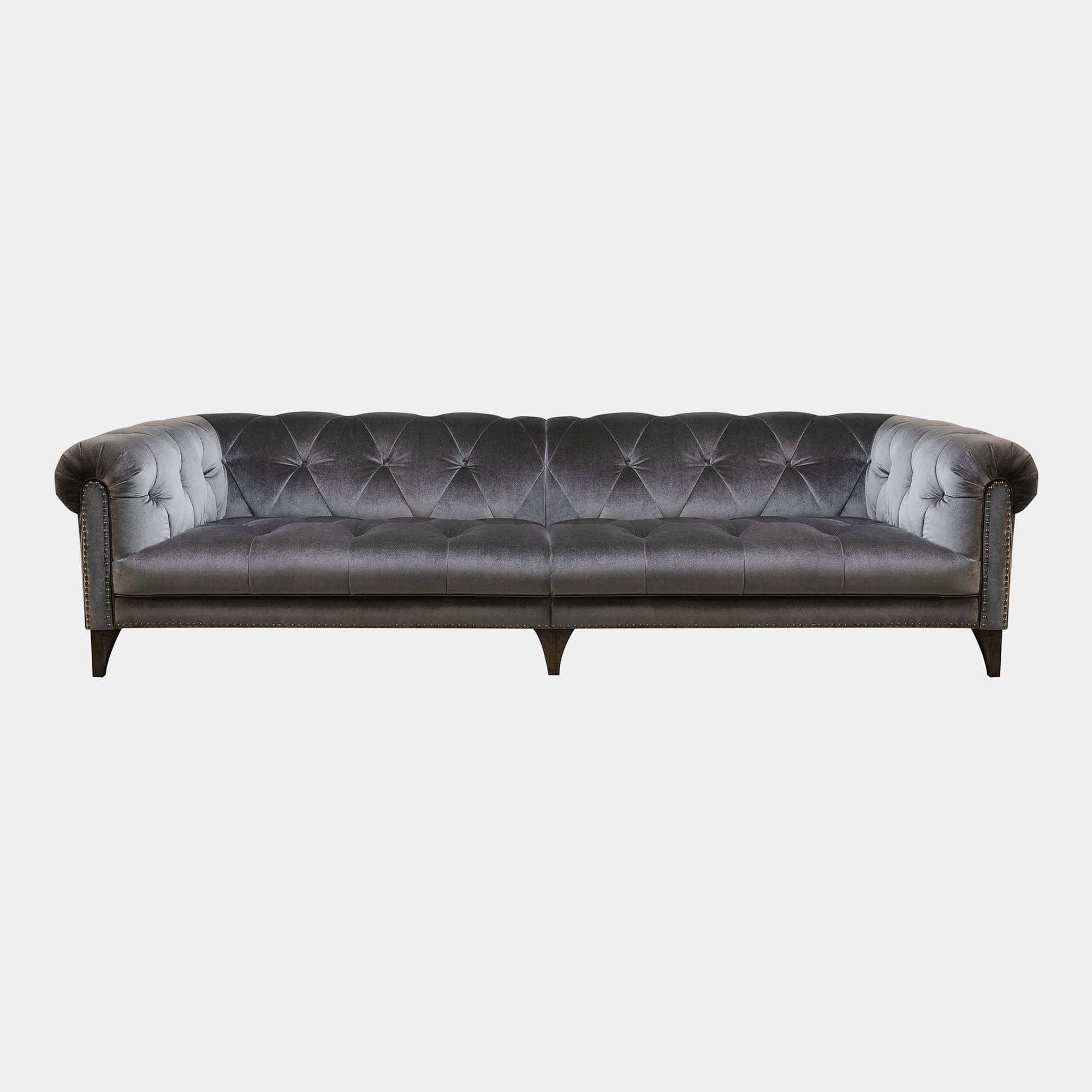 Shallow 4 Seat Sofa In Fabric Grade A Oracle Chocolate With Antique Studs And Dark Feet