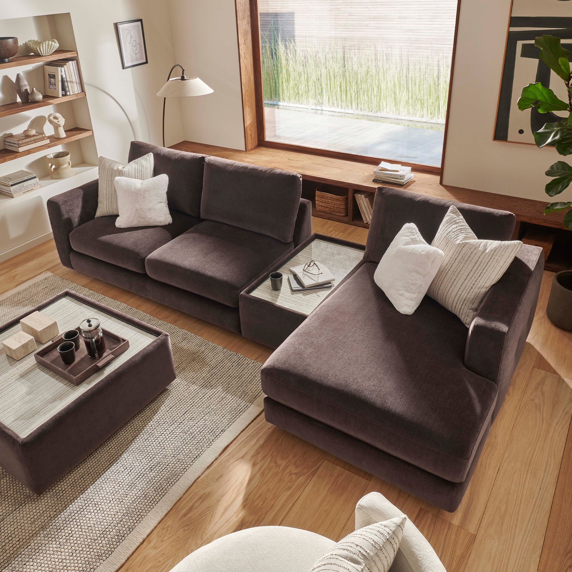 Solace - RHF Large Chaise Sofa with Rectangular Glass Top Table, Fabric