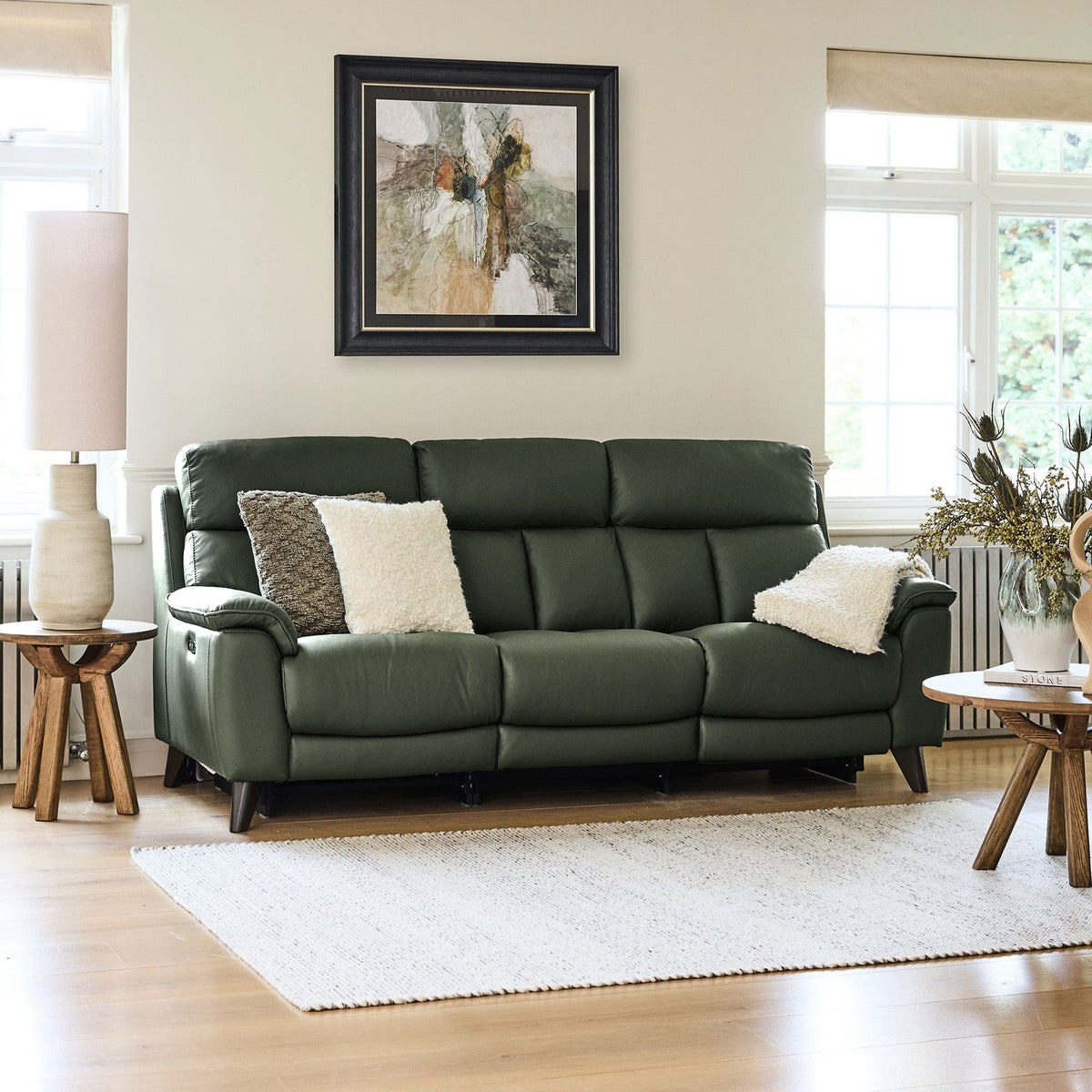 Connecticut - 3 Seat Power Recliner Sofa Leather, Olive Green