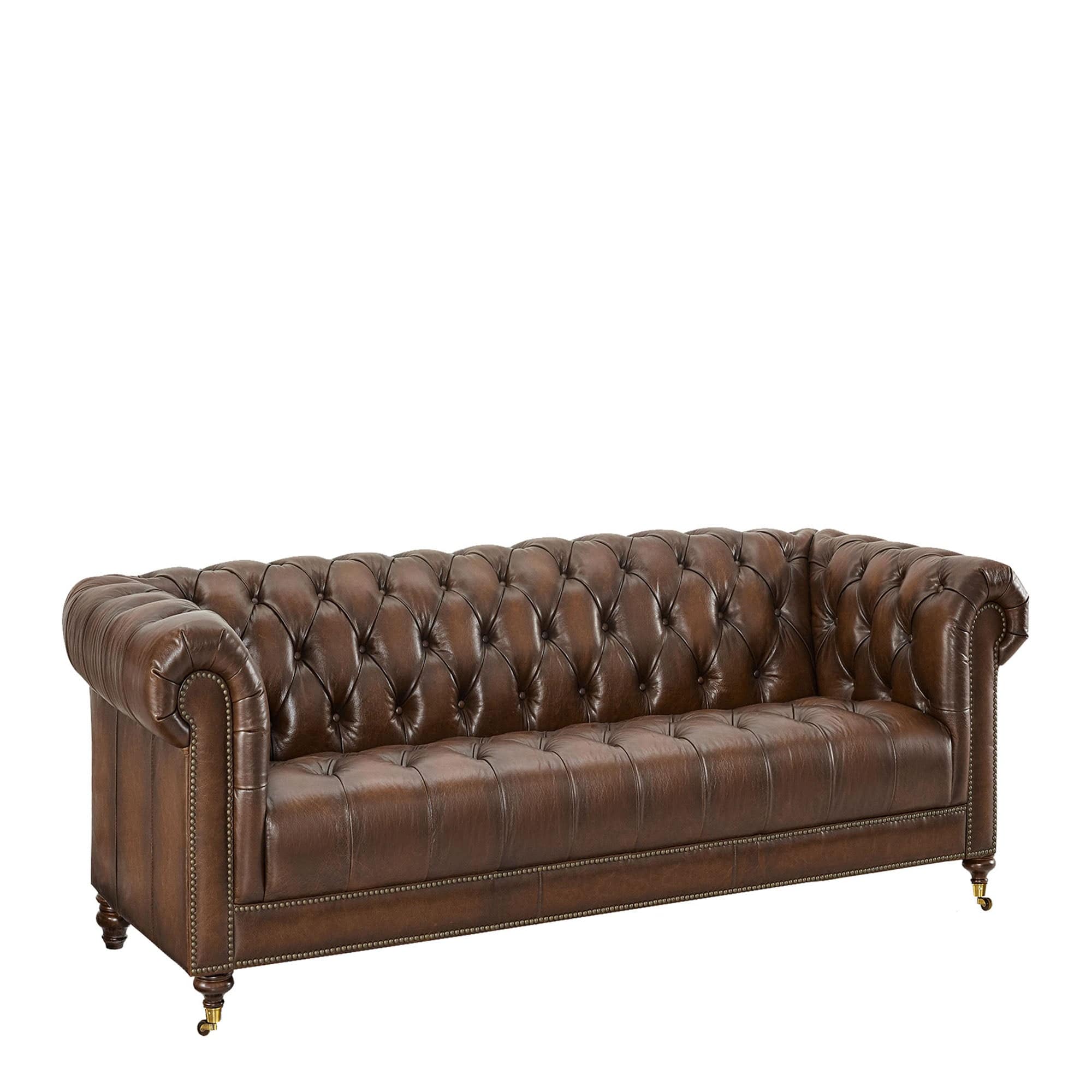 Churchill - 3.5 Seat Sofa In Leather Vintage LLS Cognac 1806/Antique Brass Studs With Mahogany Feet