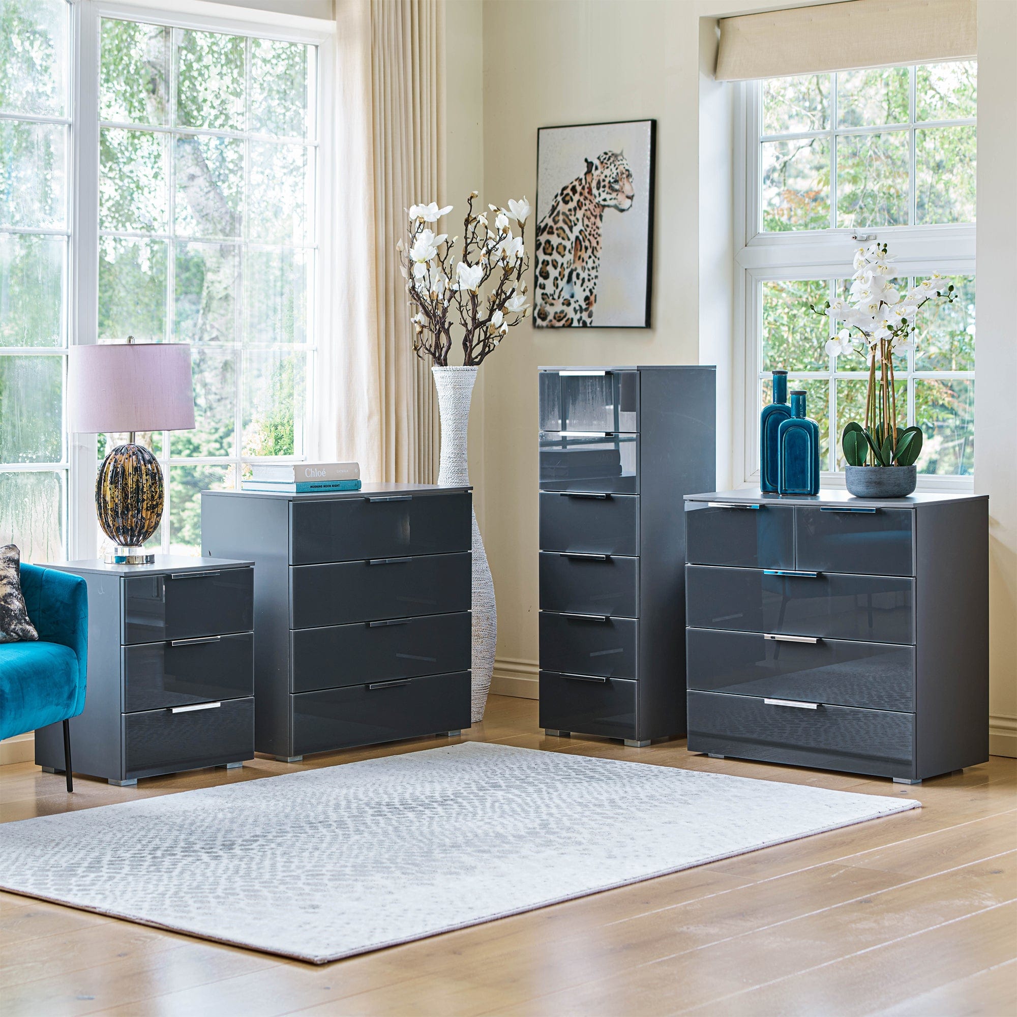 Strada - 50cm 3 Drawer Bedside Table Colour Glass Front In White/White Glass A011G