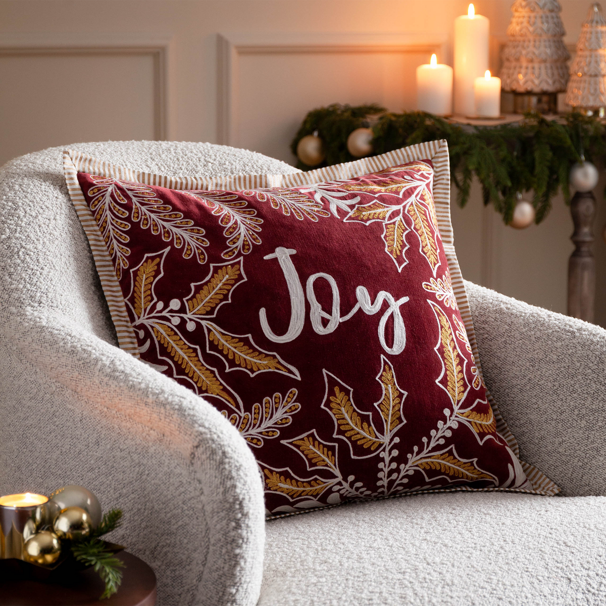 Winter Joy Embroidered - Red Christmas Cushion 50x50cm