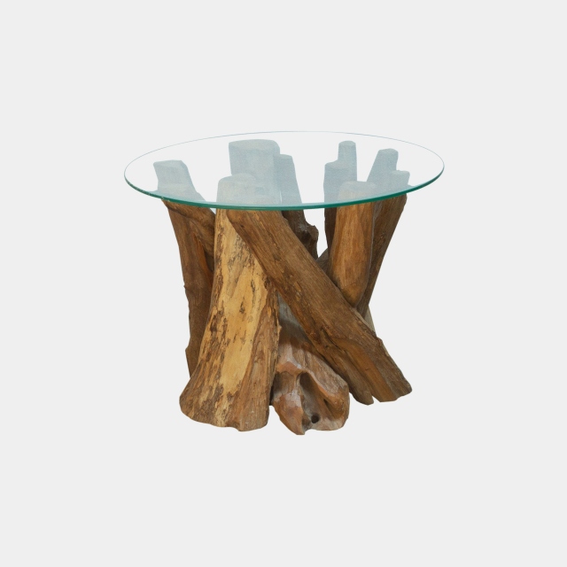 Round Coffee Table In Tempered Glass & Natural Teak Tree Root - Twiggy