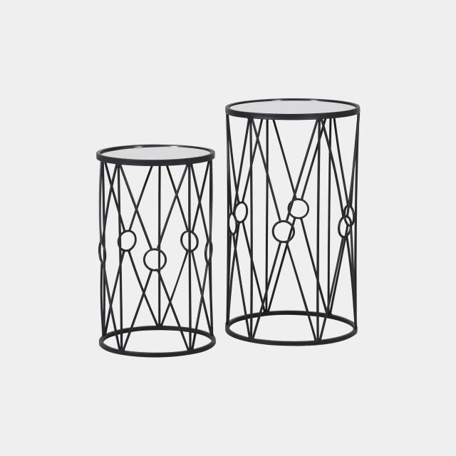 Set Of 2 Side Tables In Mirrored Glass & Black Iron Base - Tara