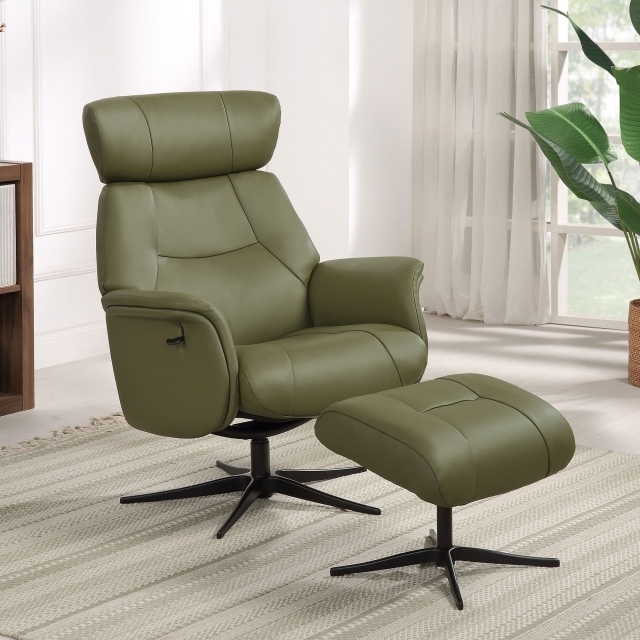 Swivel Recliner Chair & Footstool In Leather With Black Base - Senator