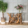 Console Table In Tempered Glass & Natural Teak Tree Root - Twiggy