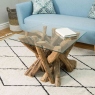 Square Coffee Table In Tempered Glass & Natural Teak Tree Root - Twiggy